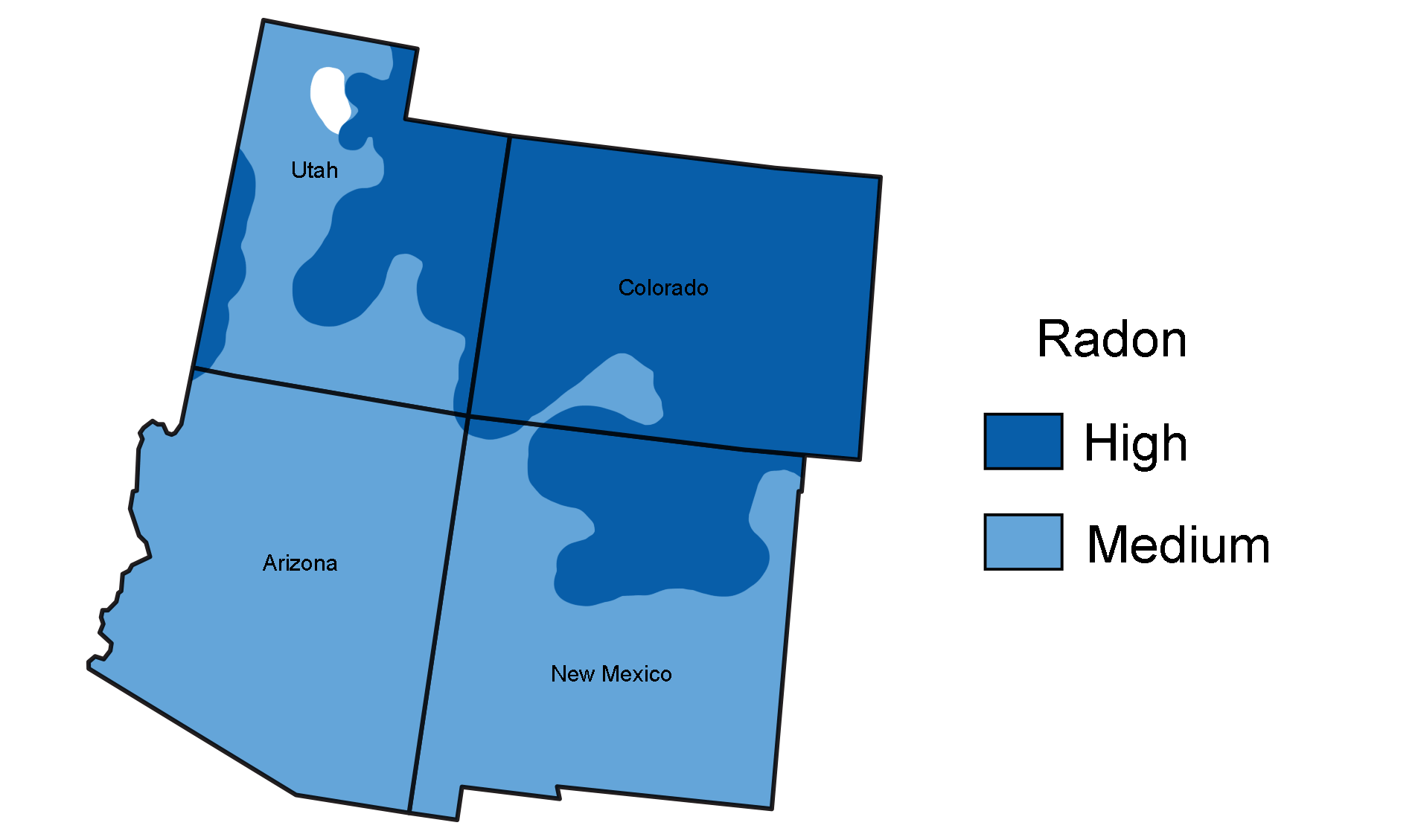 Map showing radon levels in the southwestern United States. The highest levels are in Colorado and northern New Mexico.