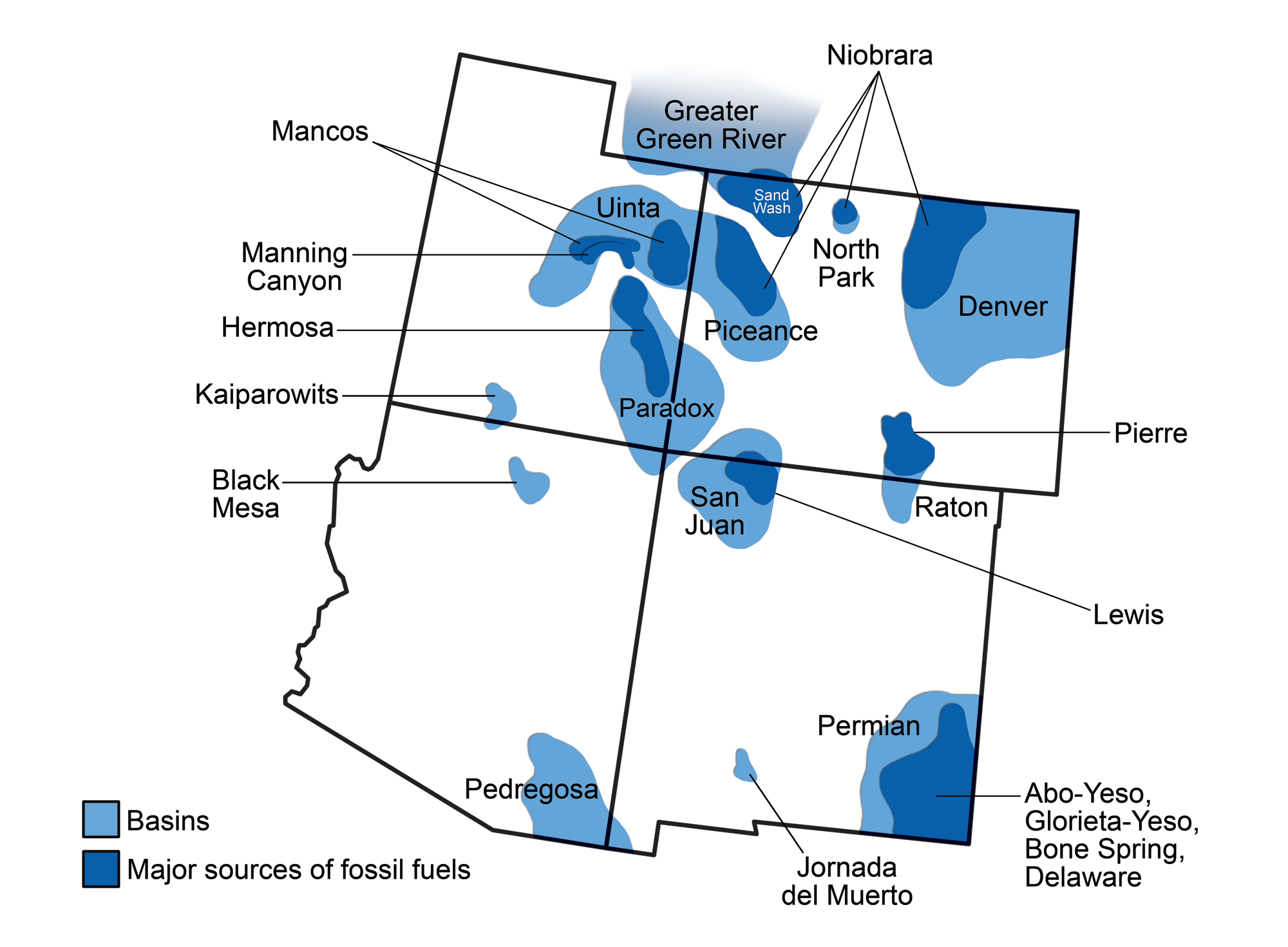Map showing the four southwestern states (Arizona, Colorado, New Mexico, and Utah) with sedimentary basin shaded in light blue. Dark blue areas in the basin show extent of oil-and-gas producing formations. Major basins are the Denver (northeastern Colorado), Uinta-Piceance (northeastern Utah and northwestern Colorado), Paradox (southern Utah and Colorado), San Juan and Raton (southern Colorado and northern New Mexico), Permian (southeastern New Mexico), and Pedregosa (southeastern Arizona and southwestern New Mexico).
