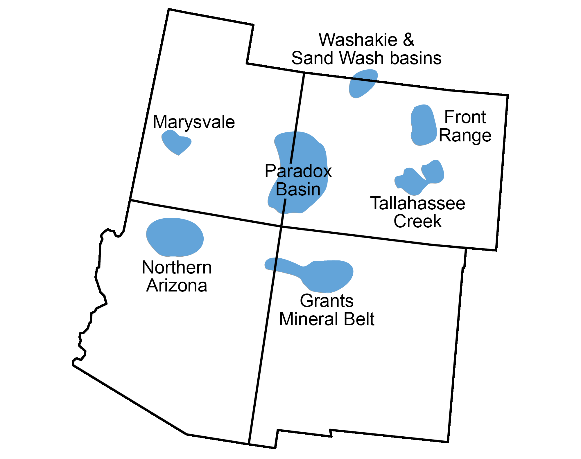 Map showing the four southwestern states (Arizona, Colorado, New Mexico, and Utah) with uranium deposits shaded in blue. Deposits include the Marysvale in western Utah, the Paradox Basin on the Utah-Colorado border, a deposit in northern Arizona, the Grants Mineral Belt on the northern Arizona-Utah border, the Front Range and Tallahassee Creek in eastern Colorado, and Washakie and Sand Wash basins on the Colorado-Wyoming border.