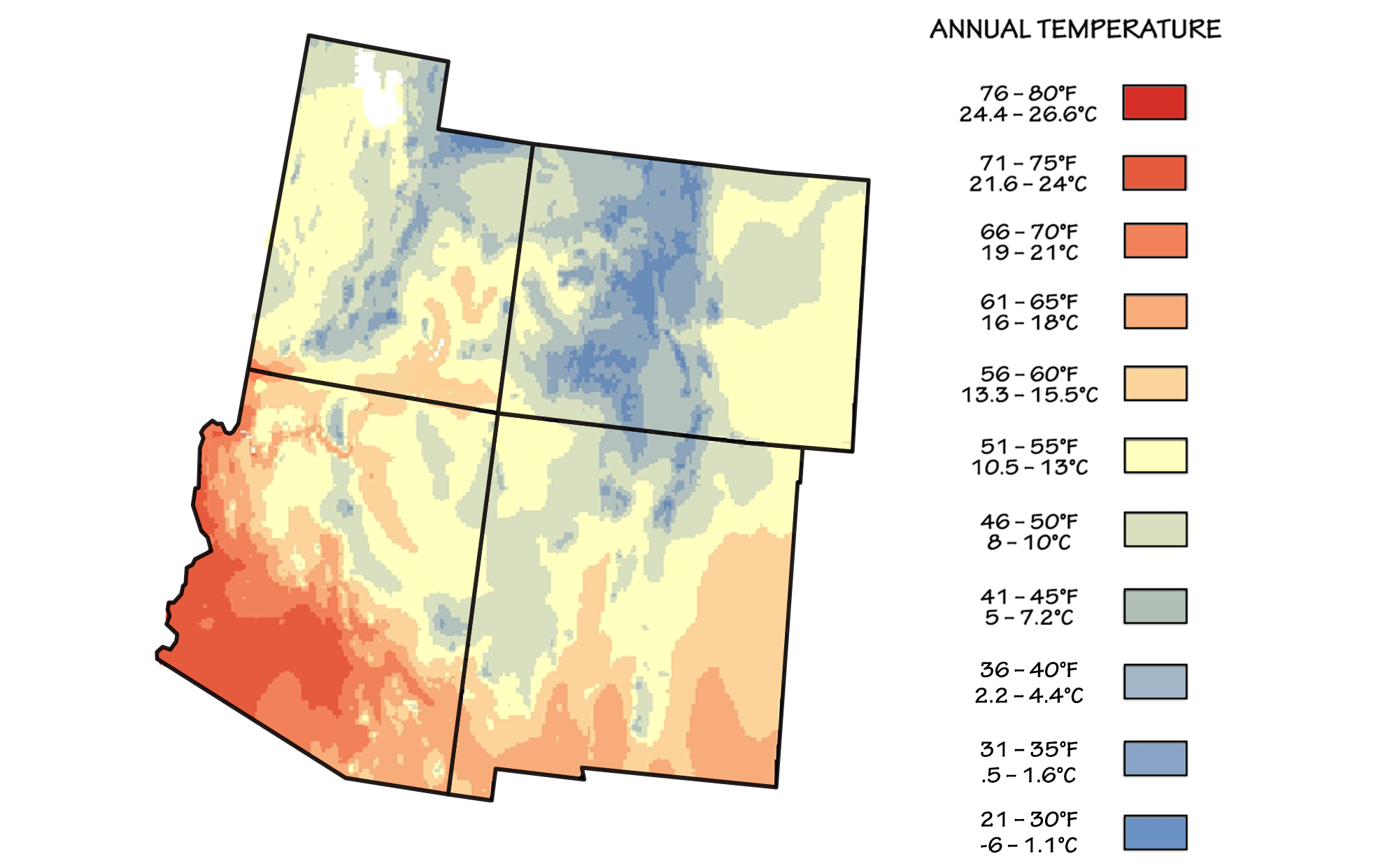 Map showing the four southwestern states (Arizona, Colorado, New Mexico, and Utah) shaded by color to show temperature.  The coolest regions average from -5 to 1.1 degrees Celsius (21 to 30 degrees Fahrenheit), whereas the warmest are 24.4 to 26.6 degrees Celsius (76 to 80 degrees Fahrenheit).