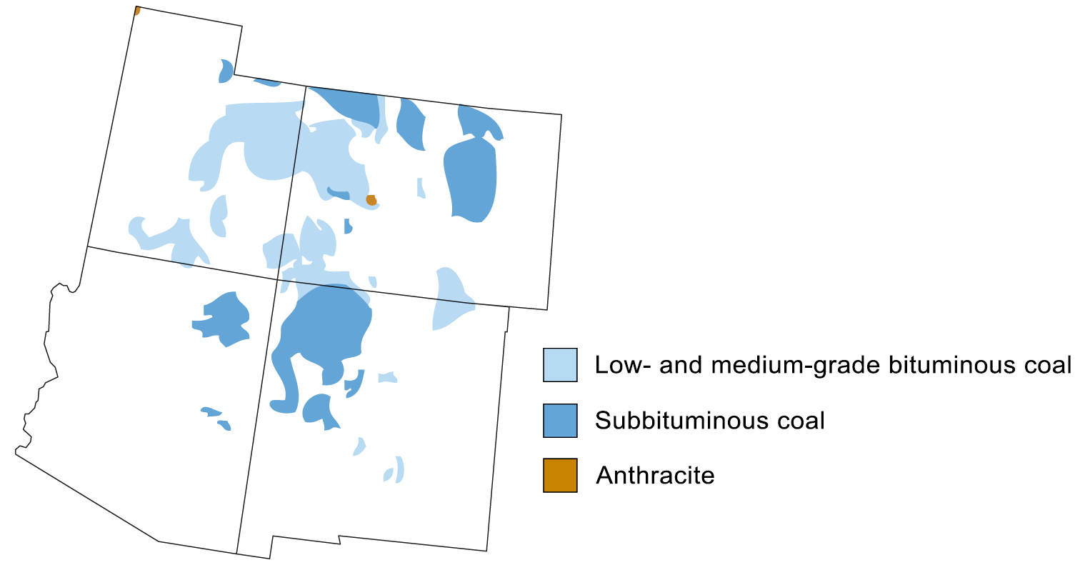 Map showing the four southwestern states (Arizona, Colorado, New Mexico, and Utah) with coal deposits mapped. Low and medium-grade bituminous coal are in light blue, subbituminous coal is medium blue, and anthracite is orangish. Most coals are in eastern Utah, western and eastern Colorado, and northwestern New Mexico, and northeastern Arizona.