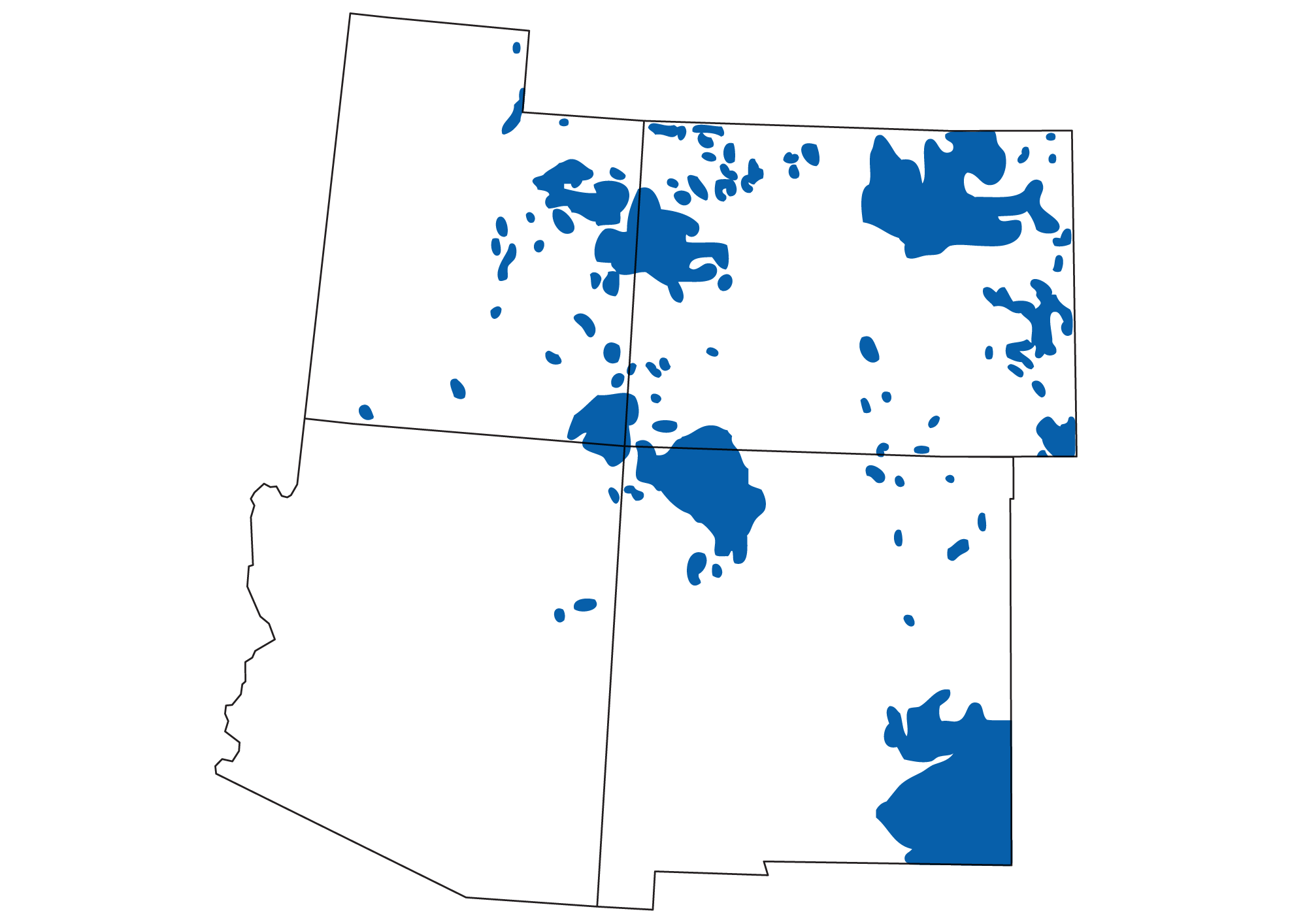 Map showing the four southwestern states (Arizona, Colorado, New Mexico, and Utah) with oil- and gas-producing areas shaded dark blue. Most of these areas are in eastern Utah, western and eastern Colorado, and northwestern and southeastern New Mexico.