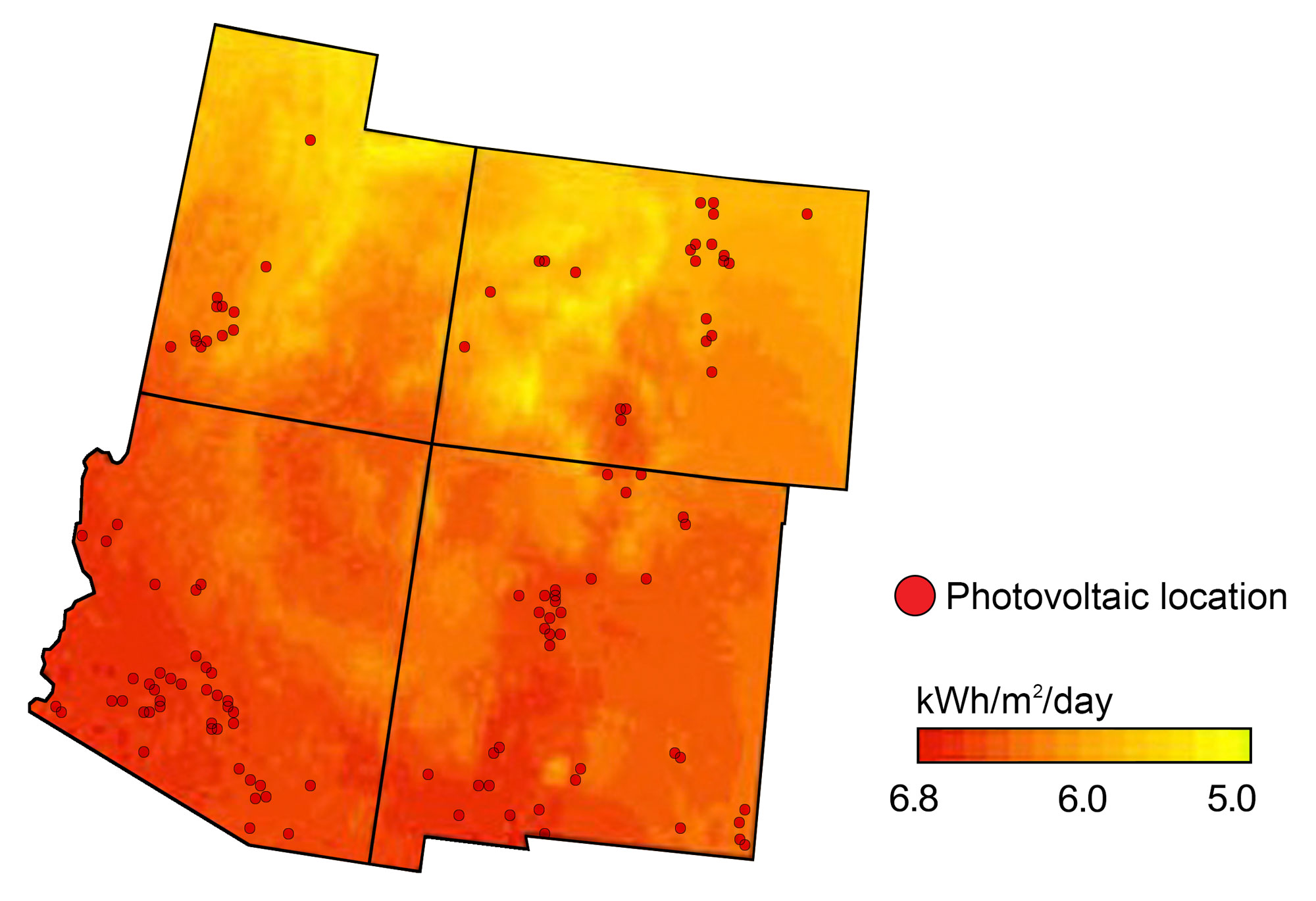 Map showing the southwestern states (Arizona, Colorado, New Mexico, and Utah) shaded from yellow to red to show available solar for power generation. Arizona and New Mexico are mostly red (high), whereas parts of Utah and Colorado are yellow (lower). Red dots mark the localtions of photovoltaic (solar) plants, which are found in all four states. 