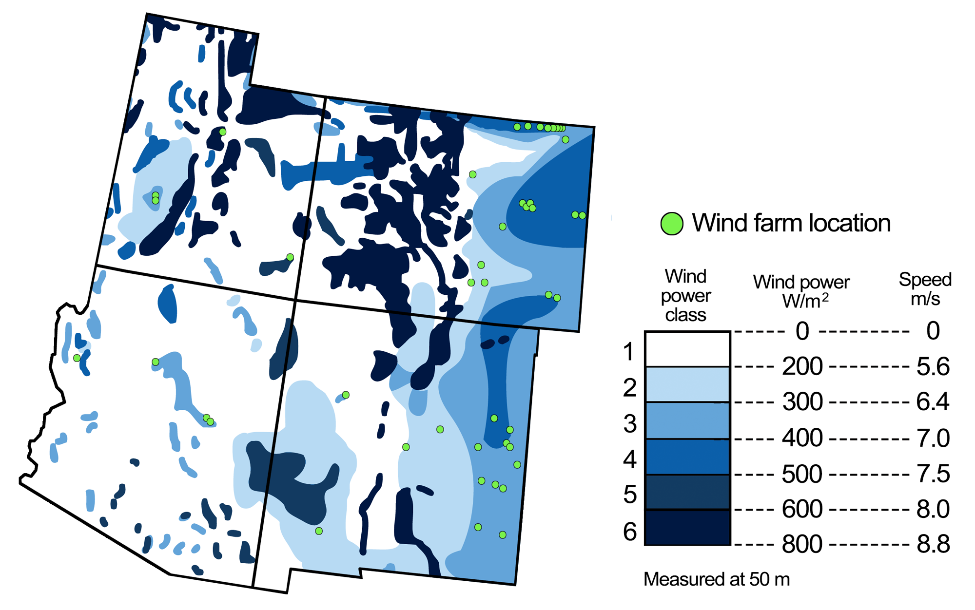 Map showing the four southwestern states (Arizona, Colorado, New Mexico, and Utah) wind power shaded vary intensities of white to dark blue. Much of the area has potential for wind energy production. Wind farm locations are marked with green dots. Wind farms have been built in all four states.