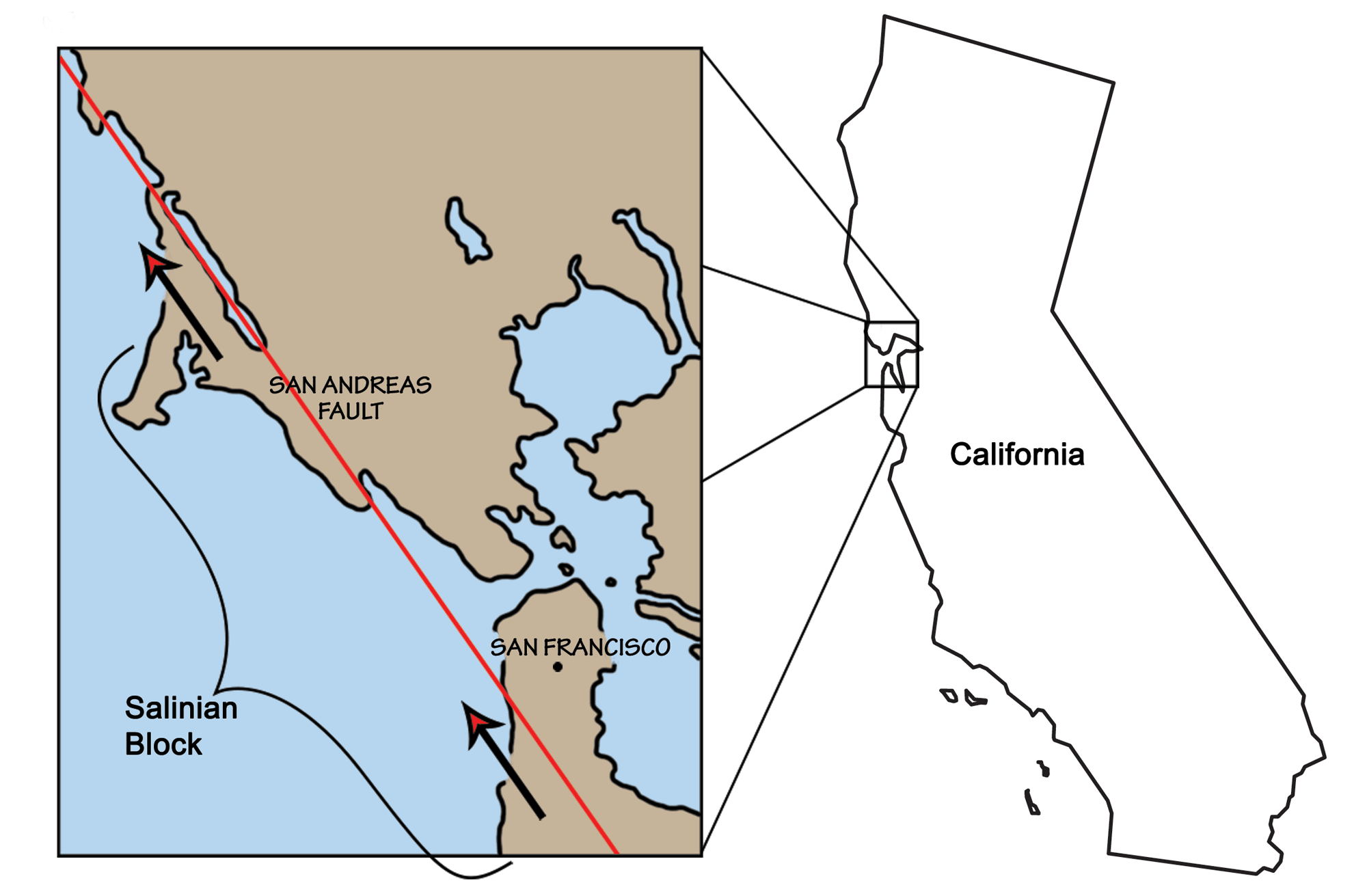 Map showing the location of the Salinian Block in the Bay Area of California.
