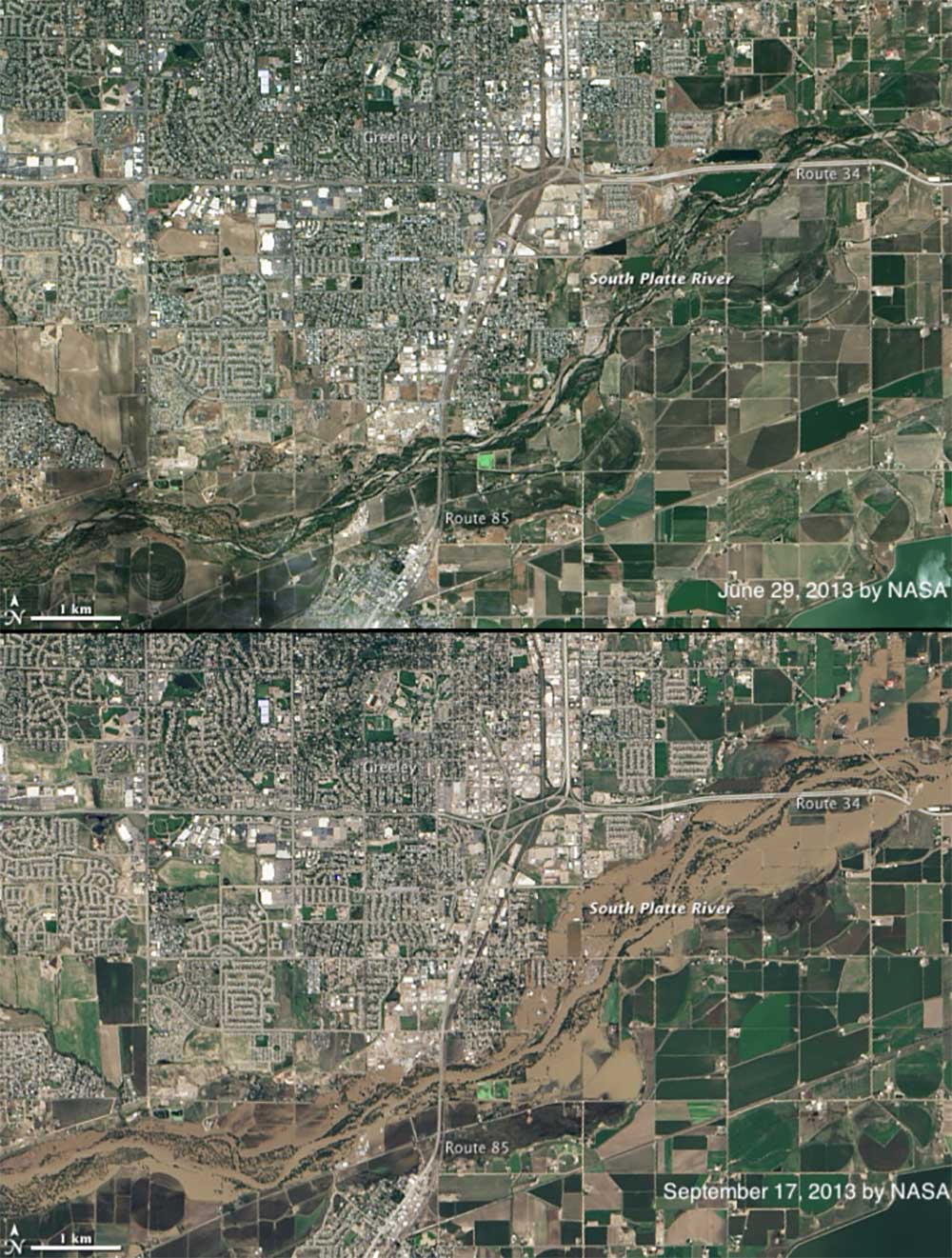 Two satellite images showing the before and after effects of flooding in 2013 near Greely, Colorado.