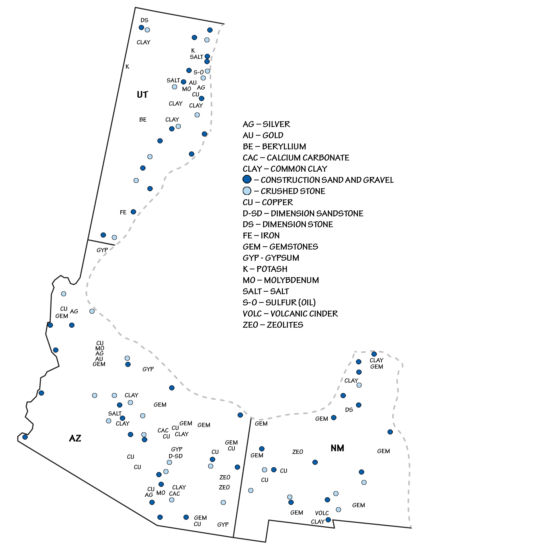 Map showing locations of varied mineral resources in the Basin and Range region of the southwestern United States.