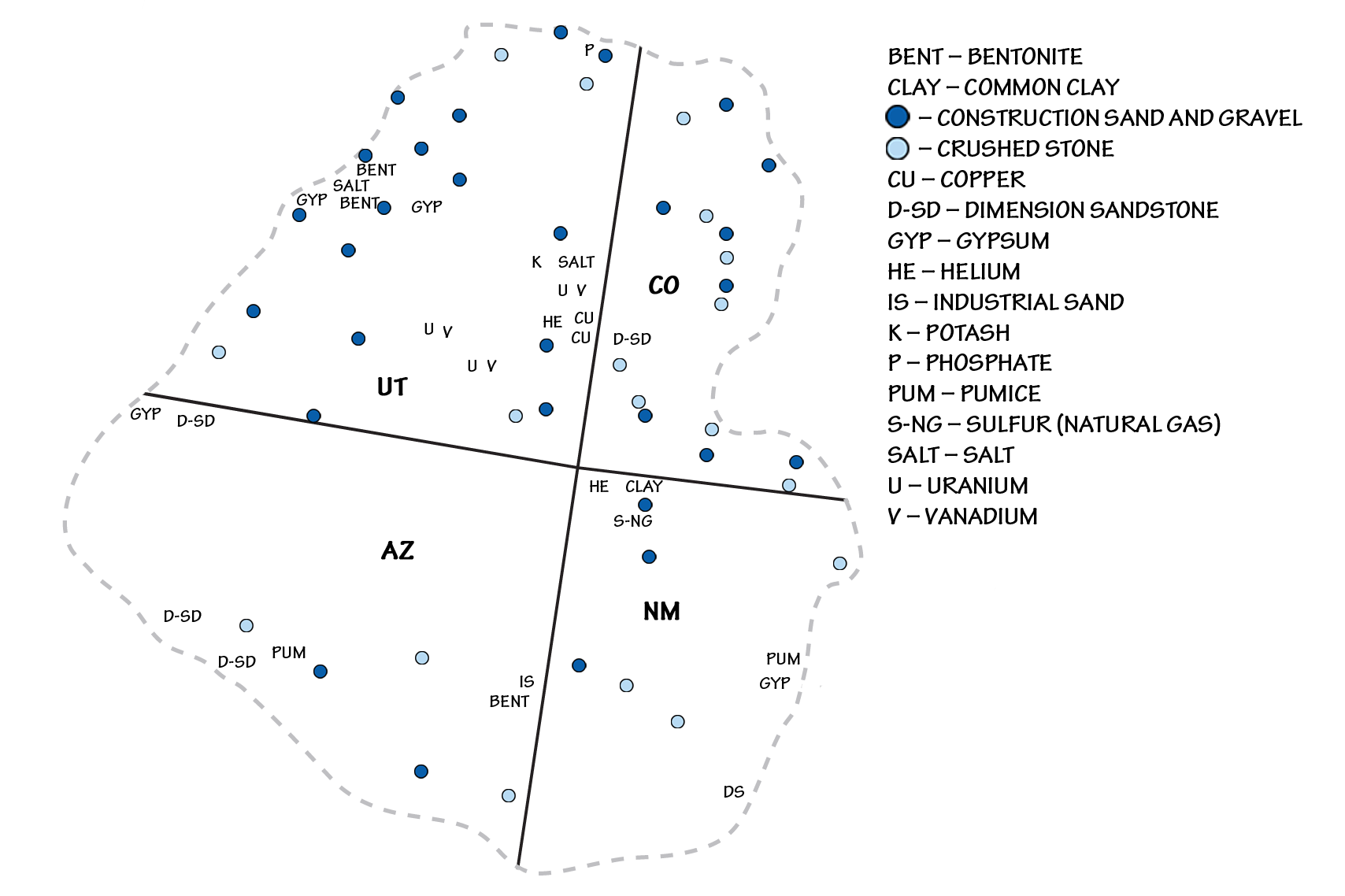 Map showing the locations of varied mineral resources in the Colorado Plateau region of the southwestern U.S.