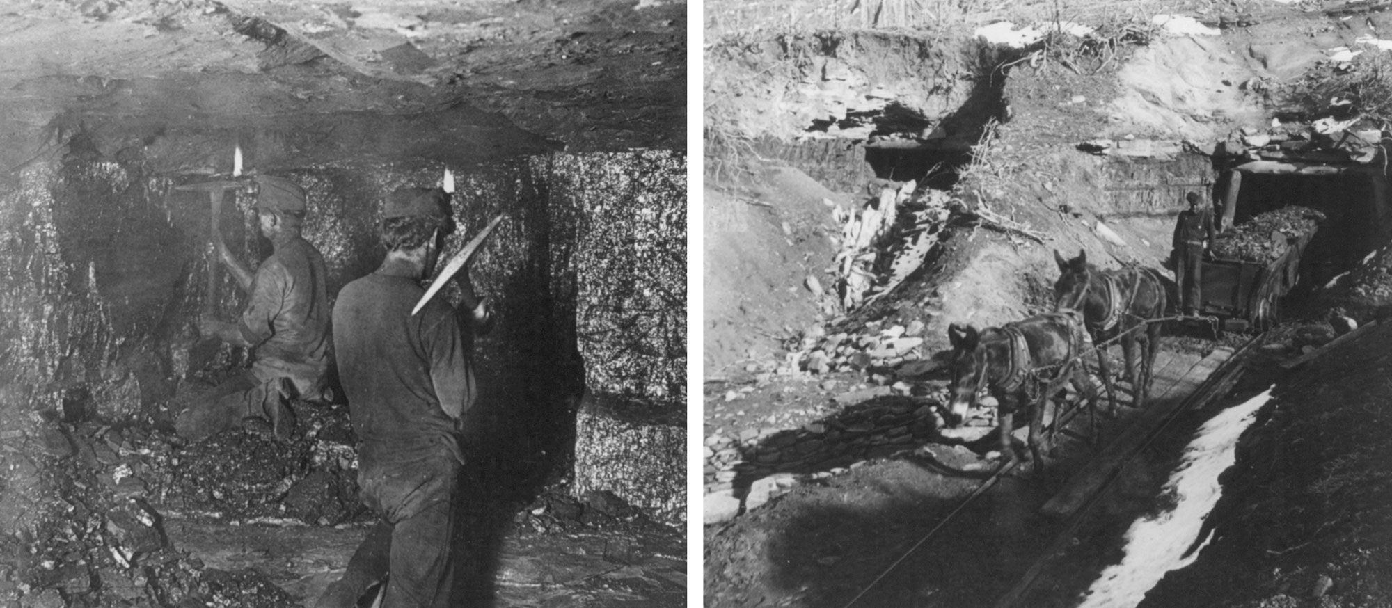 2-panel figure showing black-and-white photos of the Starkville coal mines, 1906. Panel 1: Photo of two men in a coal mine. Photo shows that the mine has a low ceiling, and the men are kneeling to dig coal using picks. Each man wears a hat with a headlamp. Panel 2: A man rides a wagon full of coal being pulled out the the entrance to an underground coal mine by two mules or donkeys.