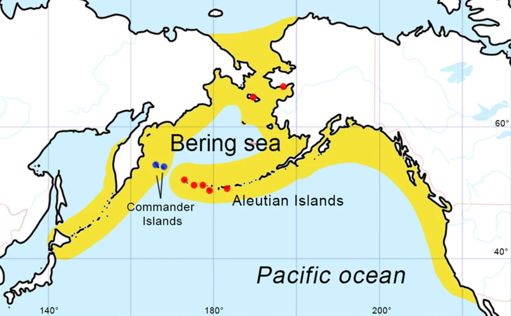 Map showing the range of the Steller's sea cow. The map shows the northern Pacific Ocean with eastern Asia on the left and western North America on the right. A region extending from Hokkaido Island (Japan) to northeastern Russia to northwestern Alaska, the Aleutian Islands, and south to Baja California is shaded yellow, indicating the Pleistocene range of Steller's sea cow. Red dots in the eastern Aleutian Islands, St. Lawrence Island, and west-central Alaska indicate archeological sites with sea cow remains. Blue dots on the Commander Islands show the range of the Steller's sea cow as of the 1700s, prior to extinction.