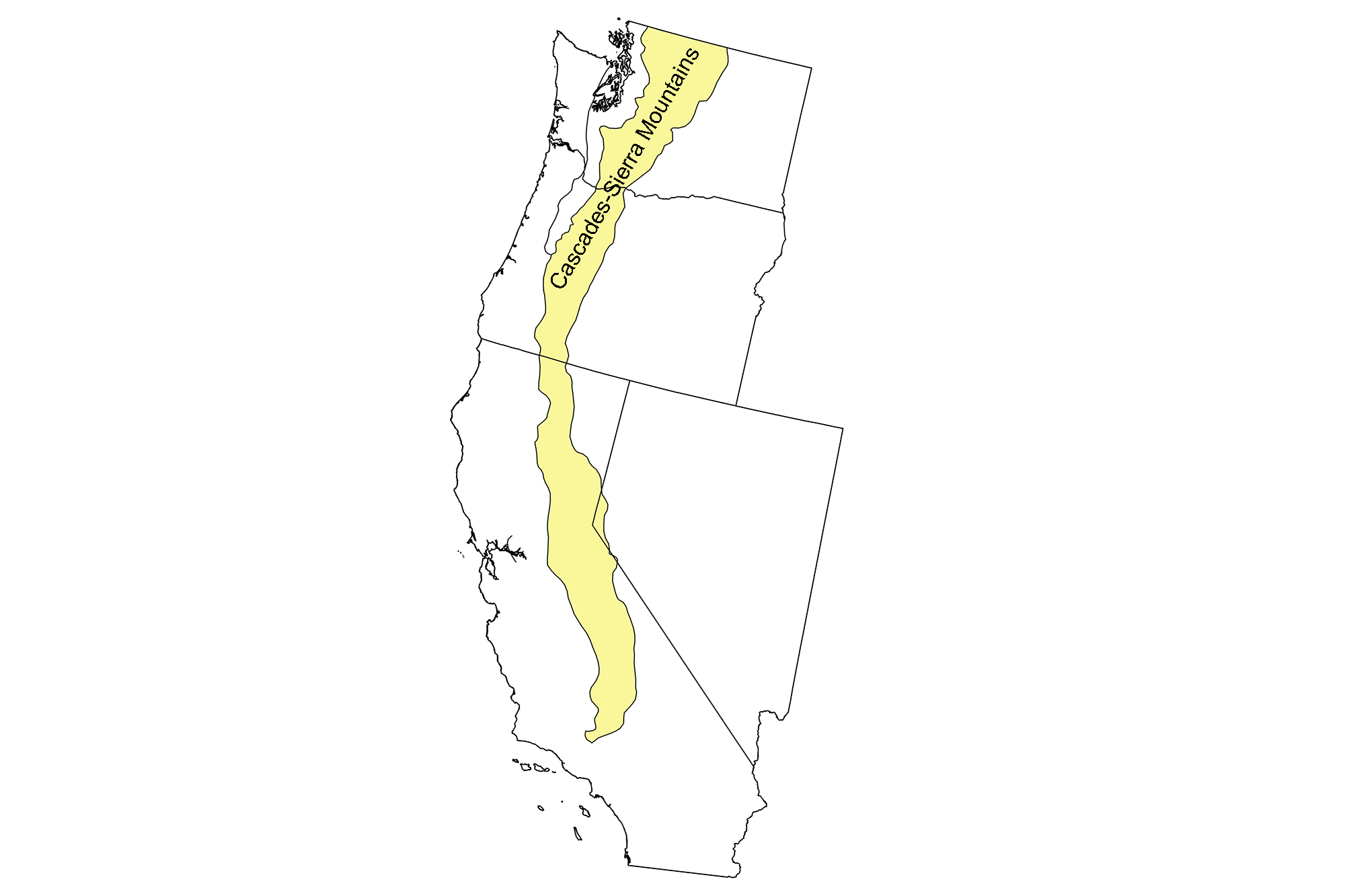 Simple map identifying the Cascade and Sierra Mountains physiographic region of the western United States.