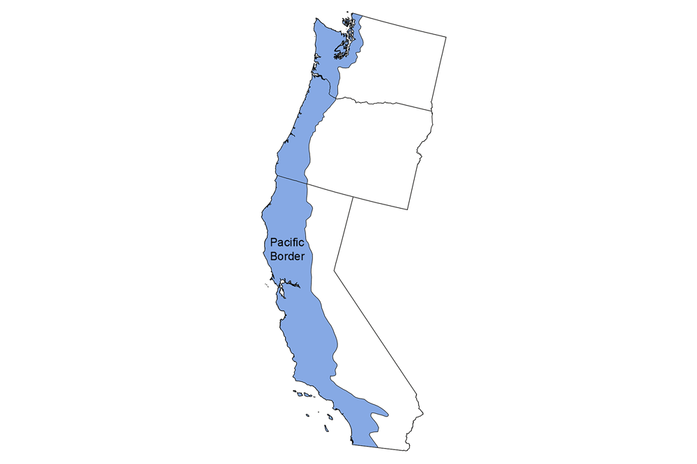 Simple map identifying the Pacific Border physiographic region of the western United States.