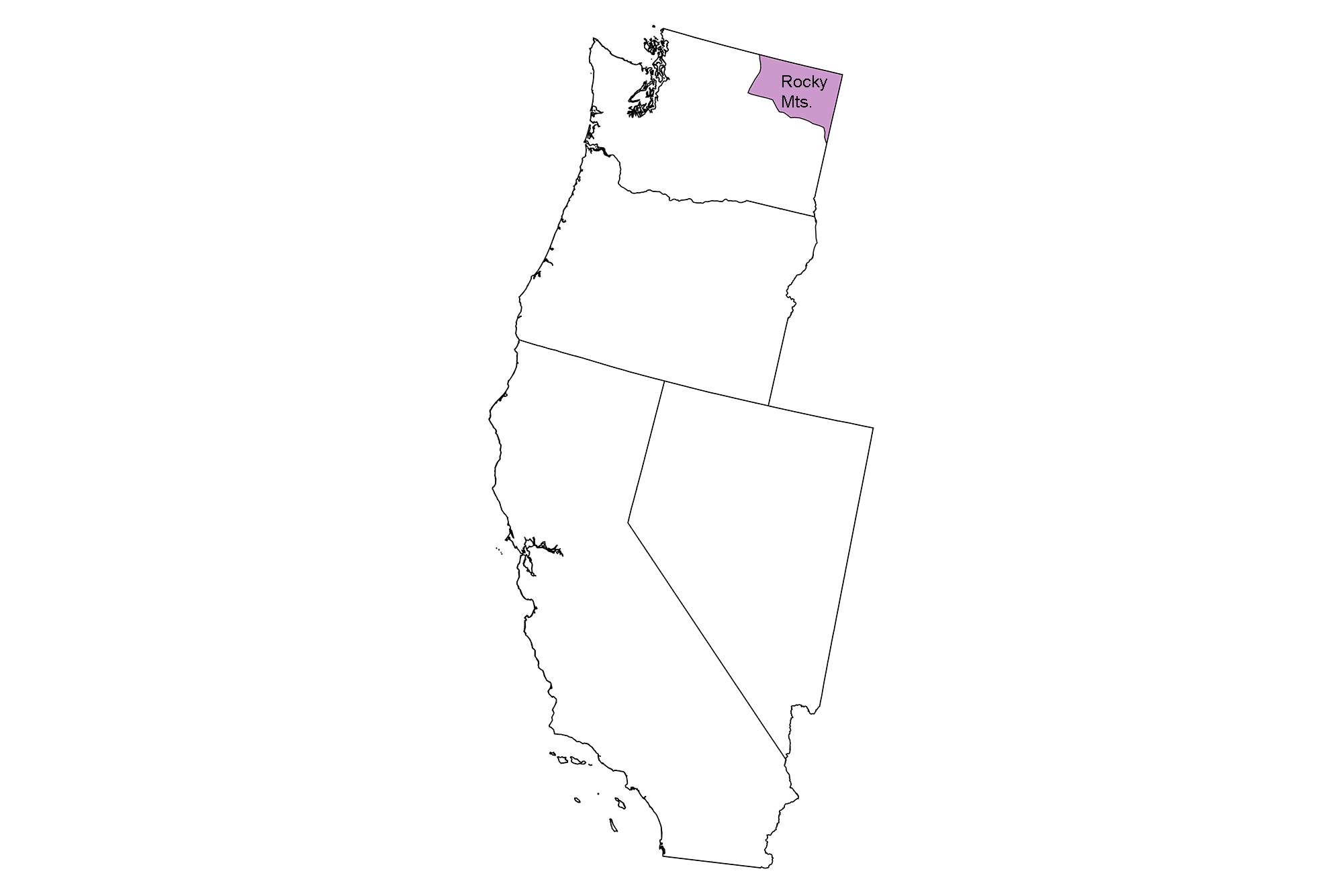 Simple map identifying the Rocky Mountains physiographic region of the western United States.