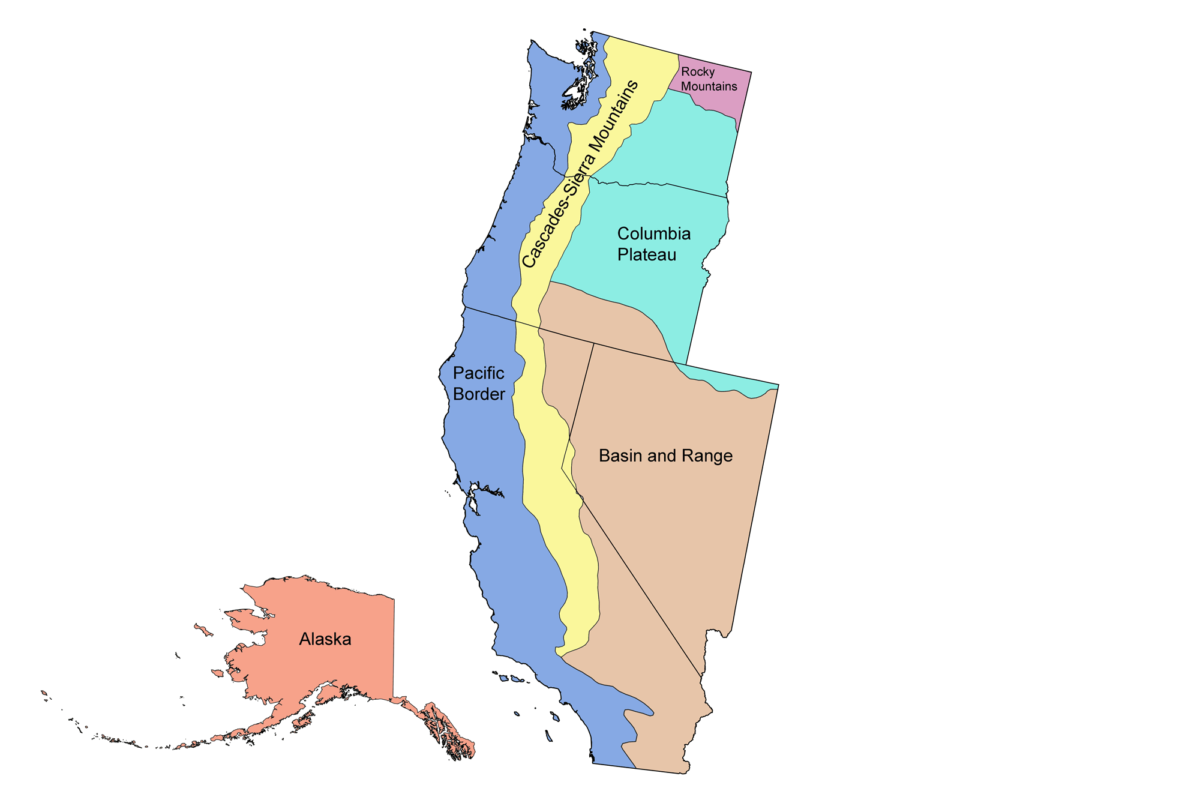 Simple map showing the main physiographic regions of the western United States.