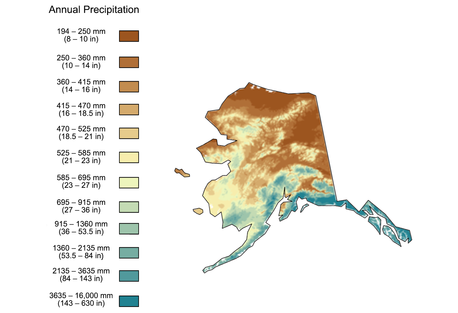 Map shaded to show the average annual precipitation in Alaska. In general, the northern and  east-central parts of the state are the driest, whereas the southern part of the state is the wettest.