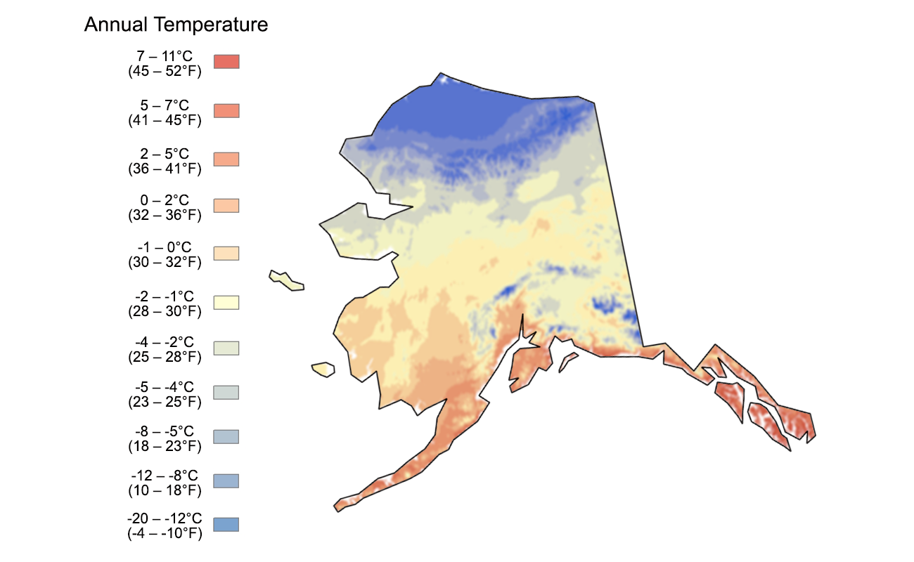 Map shaded to show the average annual temperature in Alaska. In general, the northern part of the state is the coldest, whereas the south is the warmest. 