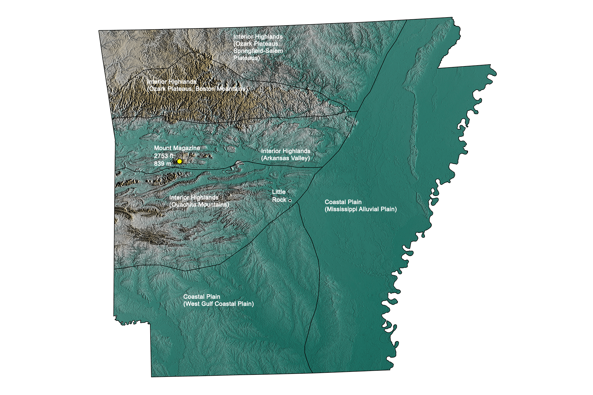 Topographic map of Arkansas.