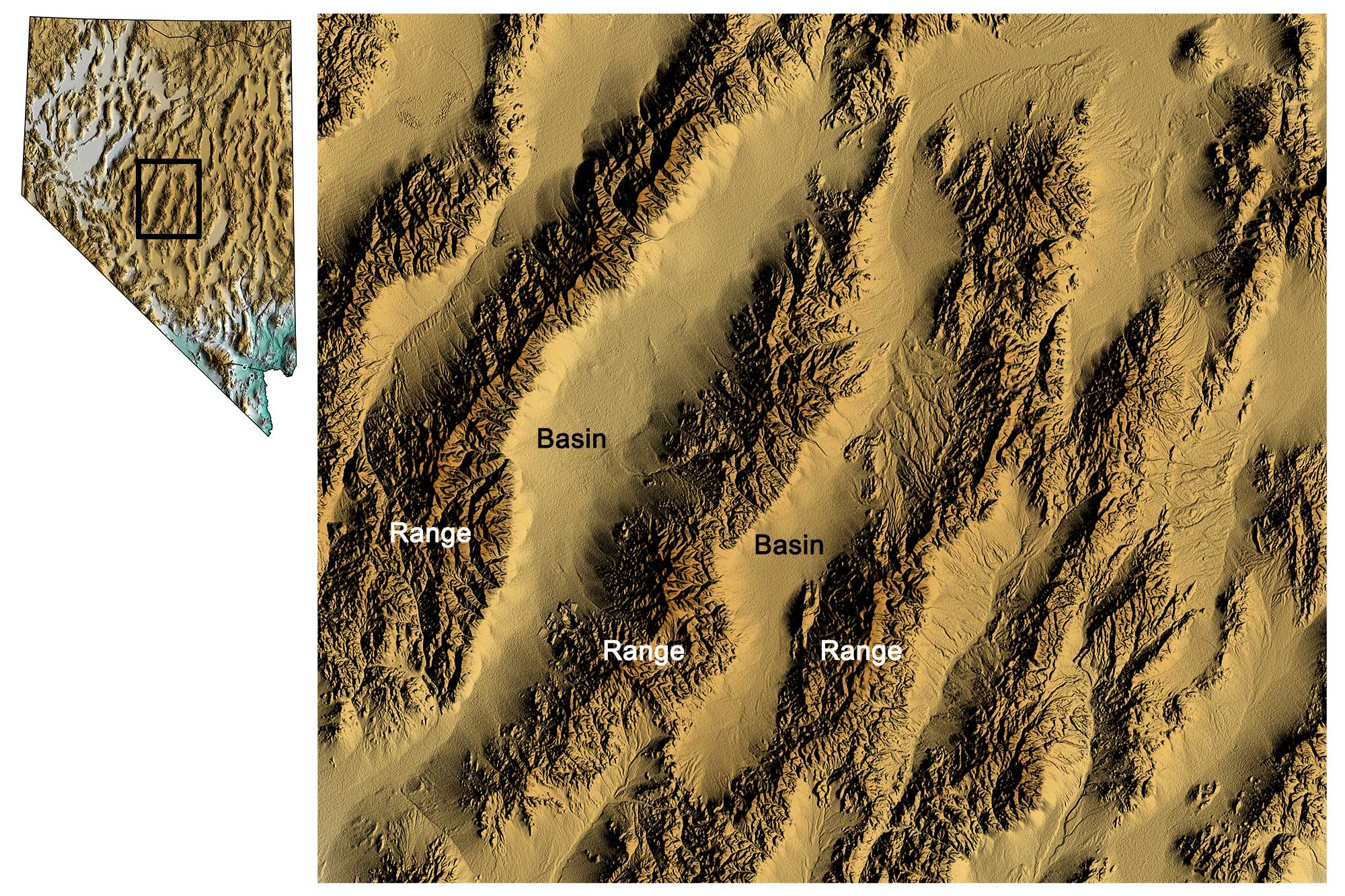 Map showing basin and range topography in central Nevada.
