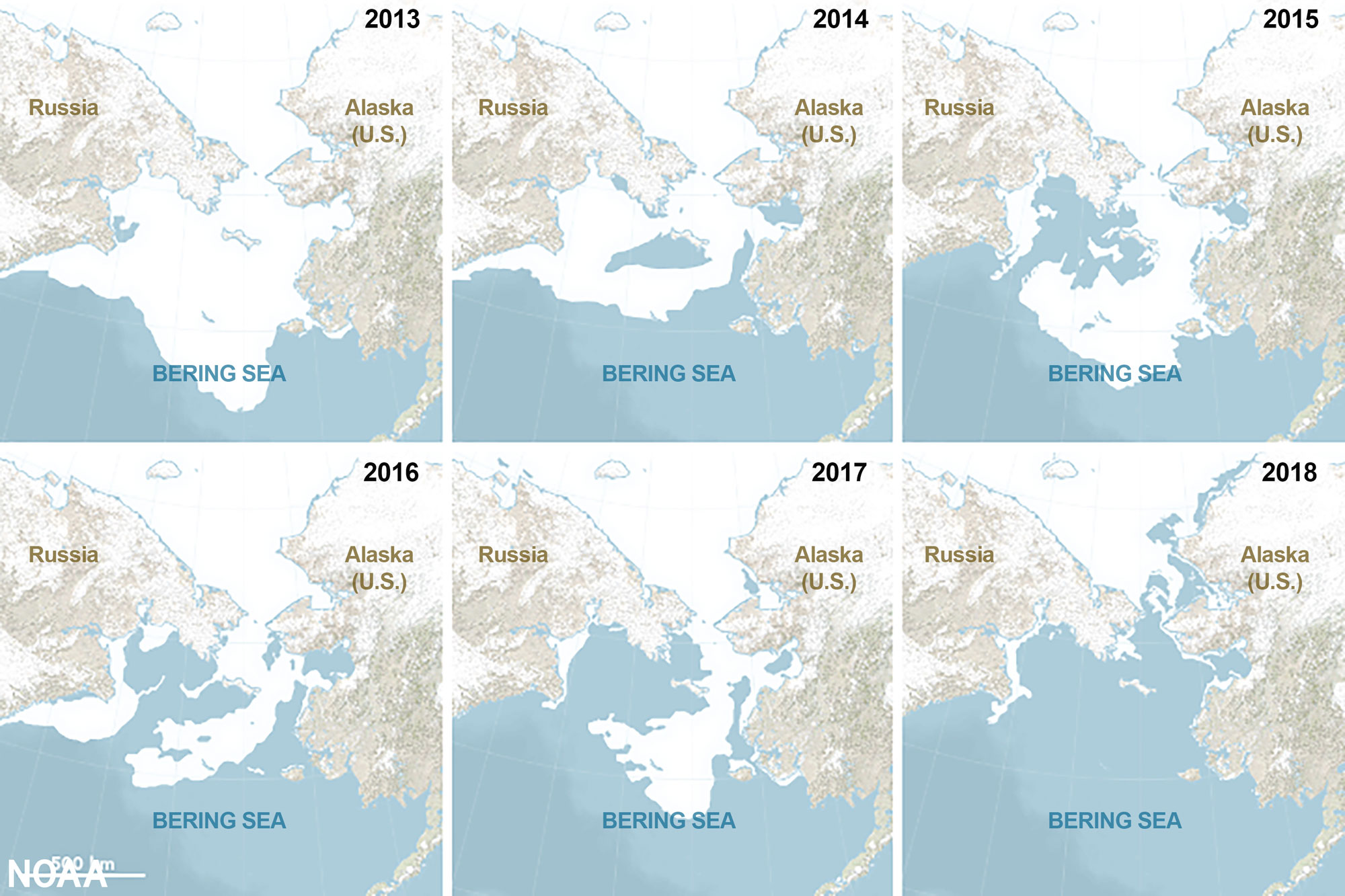 Maps showing the Bearing Sea region with Alaska to the east and Russia to the west. The maps are a time series showing the maximum extent of sea ice each year from 2013 to 2018. The ice cover is greatest in 2013 and least in 2018. It varies a bit between 2014 and 2017.