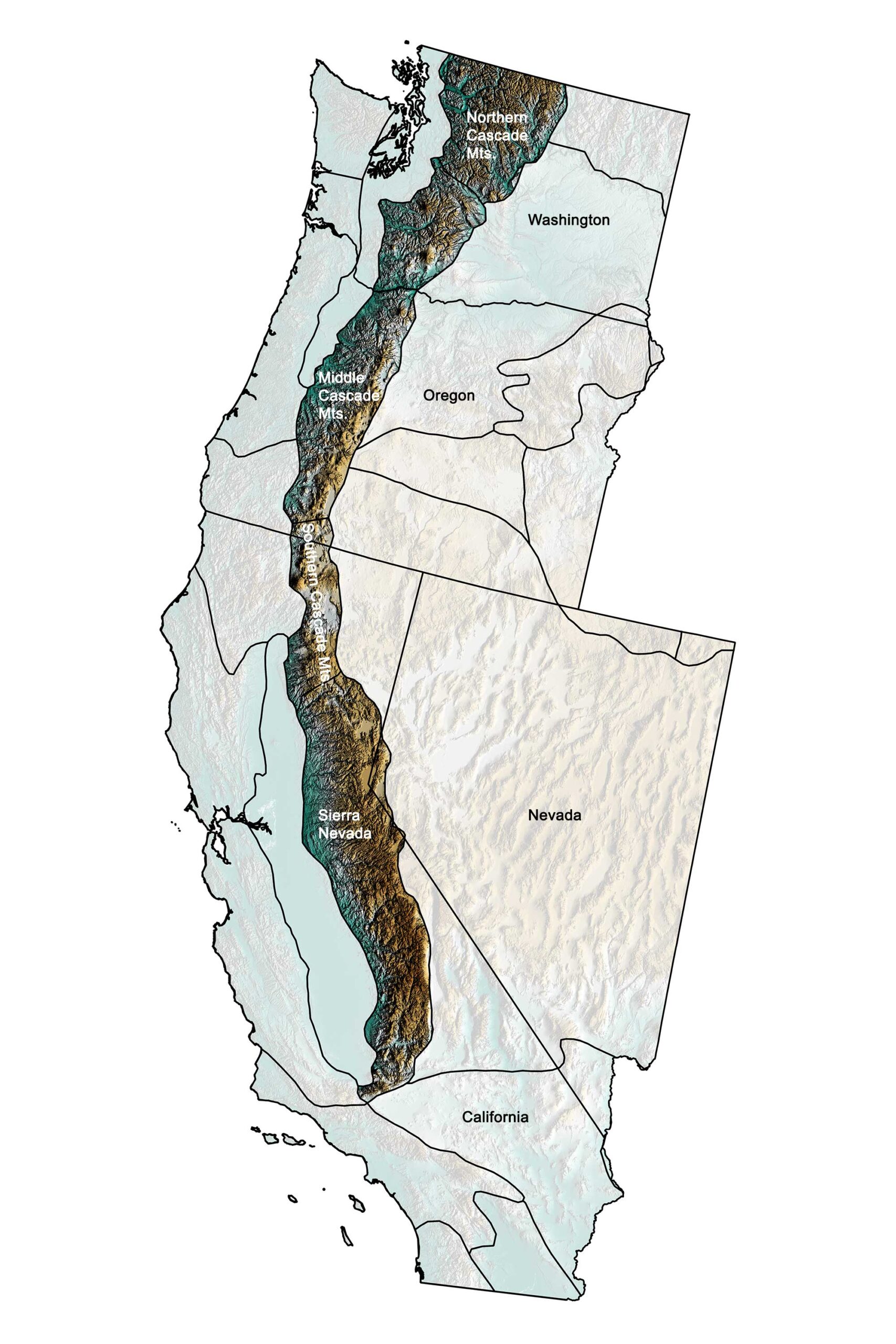 Topographic map of the Cascade-Sierra Mountains region of the western United States.