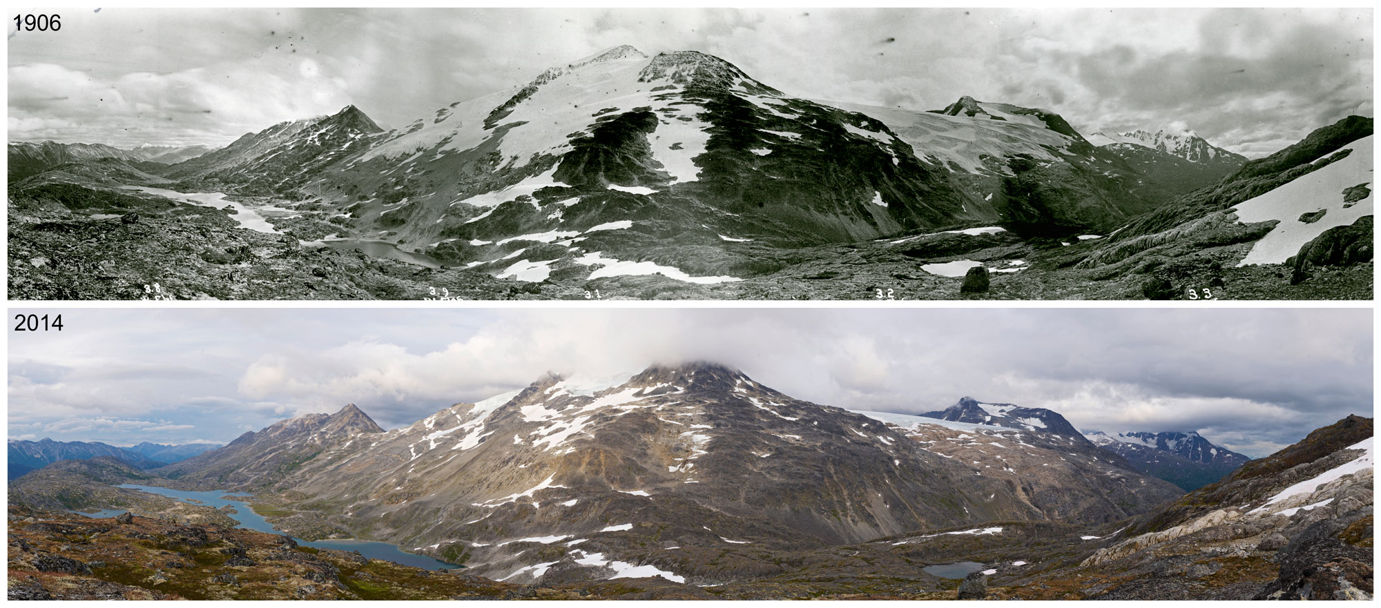 Photos of Chilkoot Pass, Alaska, at two points in time: 1906 and 2014. Comparison of the photos shows the retreat of glaciers on the mountains in the images between 1906 and 2014.