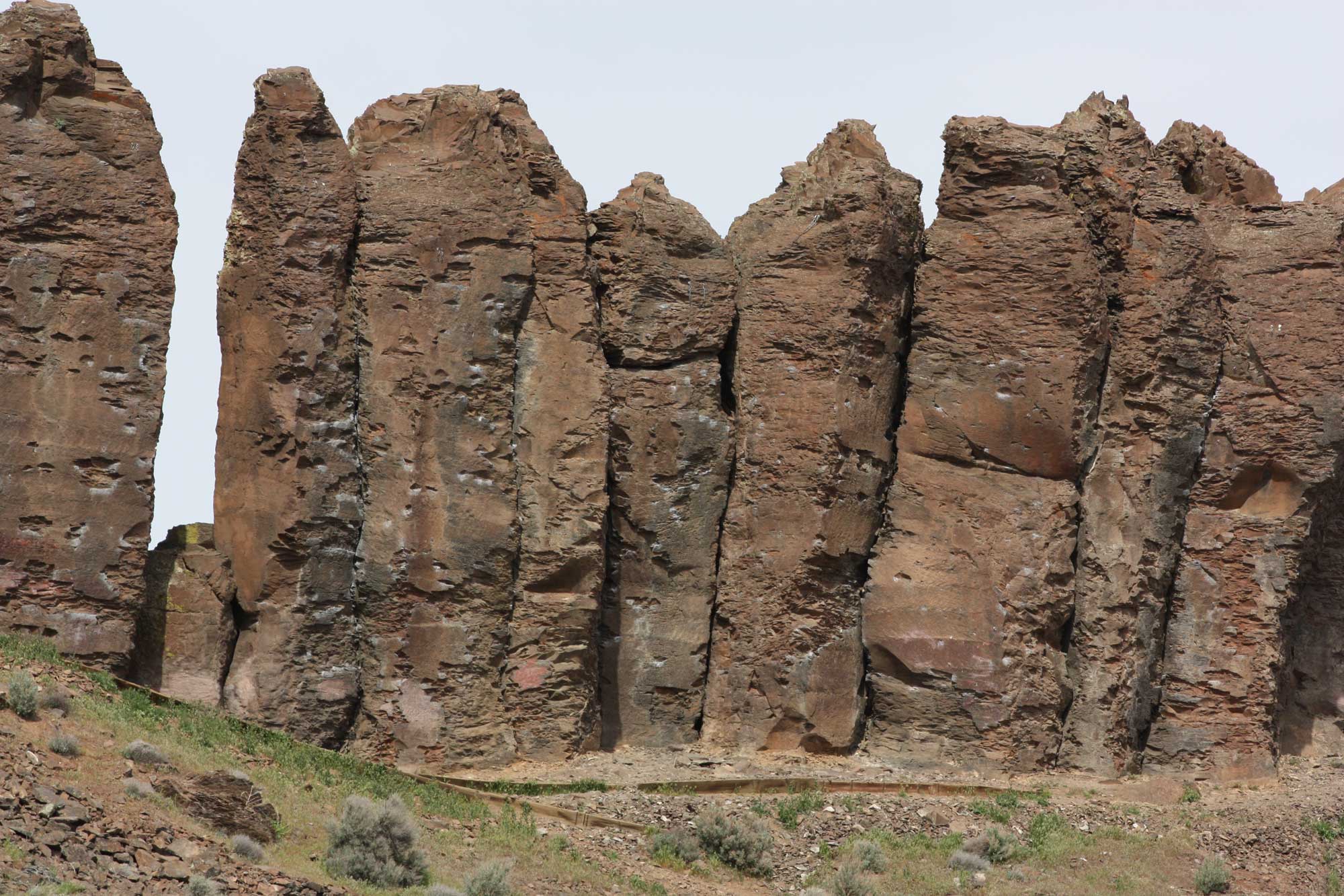 Photograph of cliffs formed by Columbia River flood basalts on French Coulee in Washington. The cliffs are brown in color and stand vertically. The surface of the cliffs is pitted.