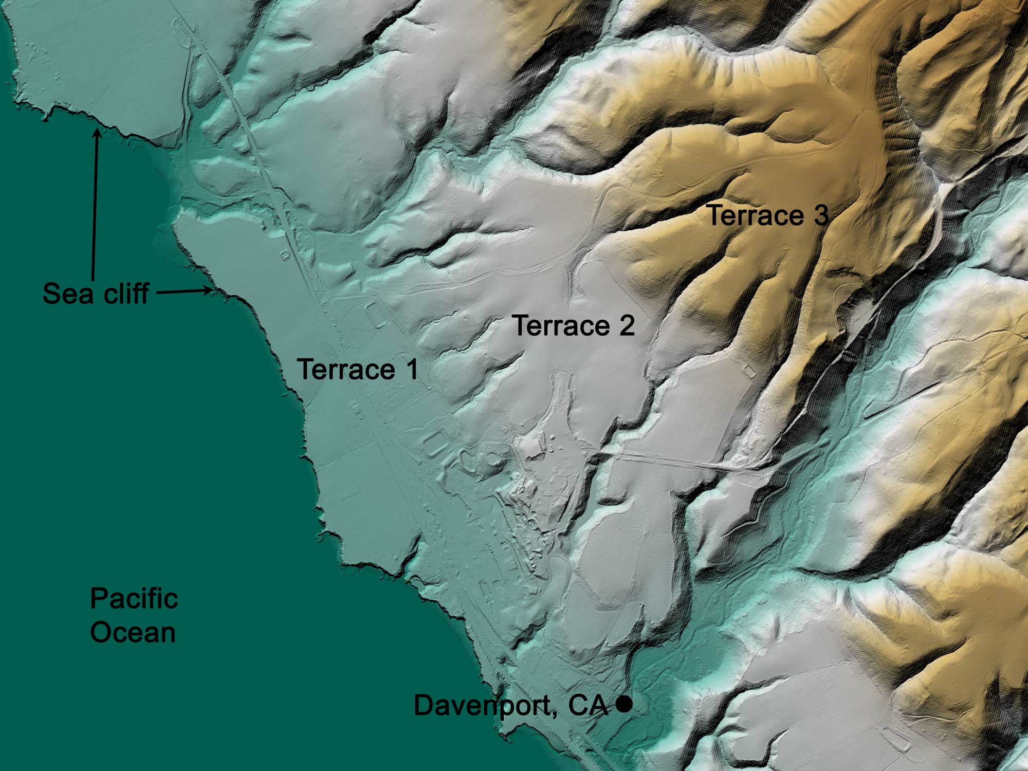 Digital elevation map showing ancient marine terraces preserved in the topography near Davenport, California.