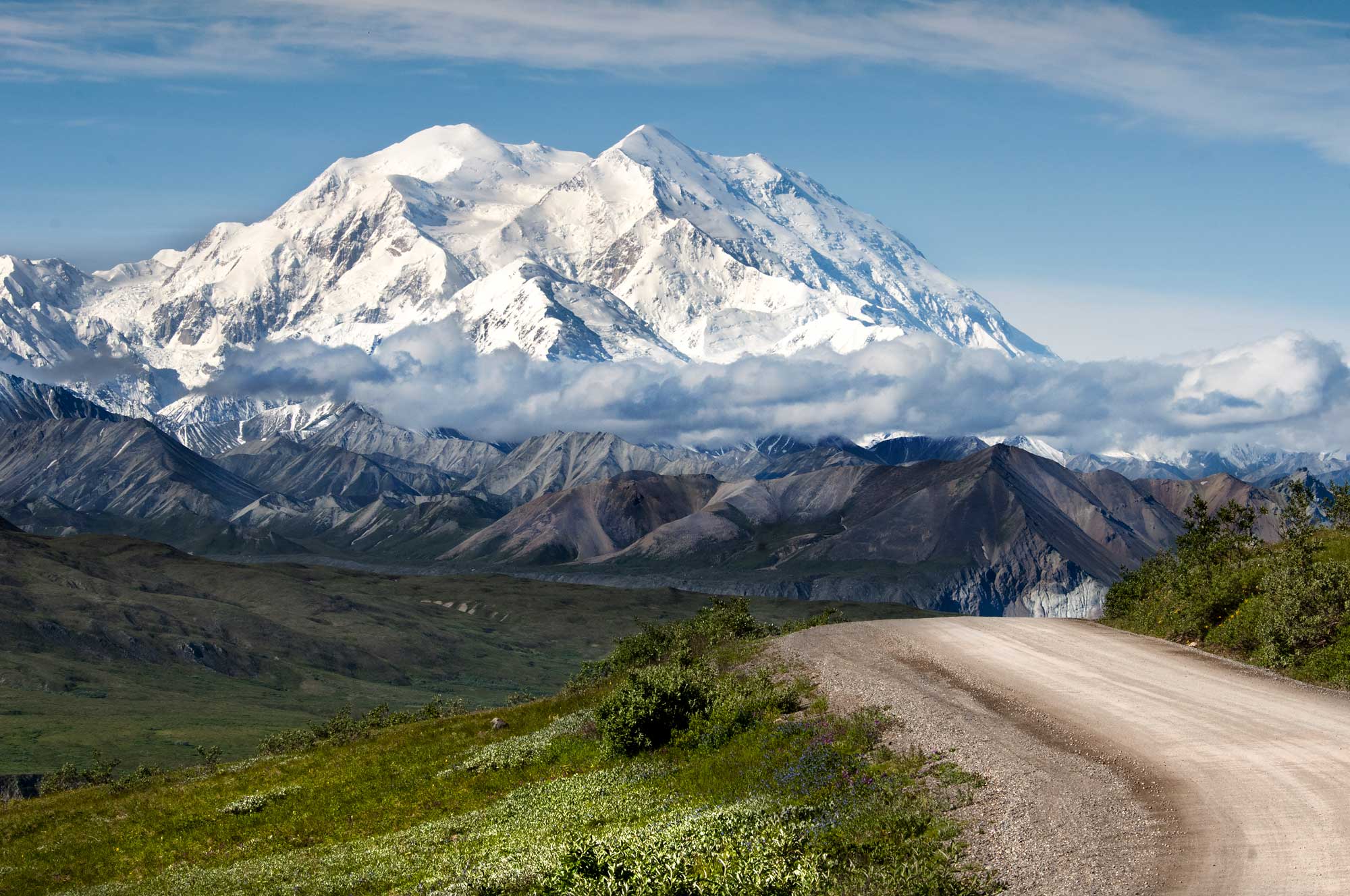 Photograph of Denali, the tallest mountain in North America. The photo shows a jagged mountain covered in now in the background, flanked by low gray hills. In the foreground, a dirt road cuts through a landscape that is green with vegetation.