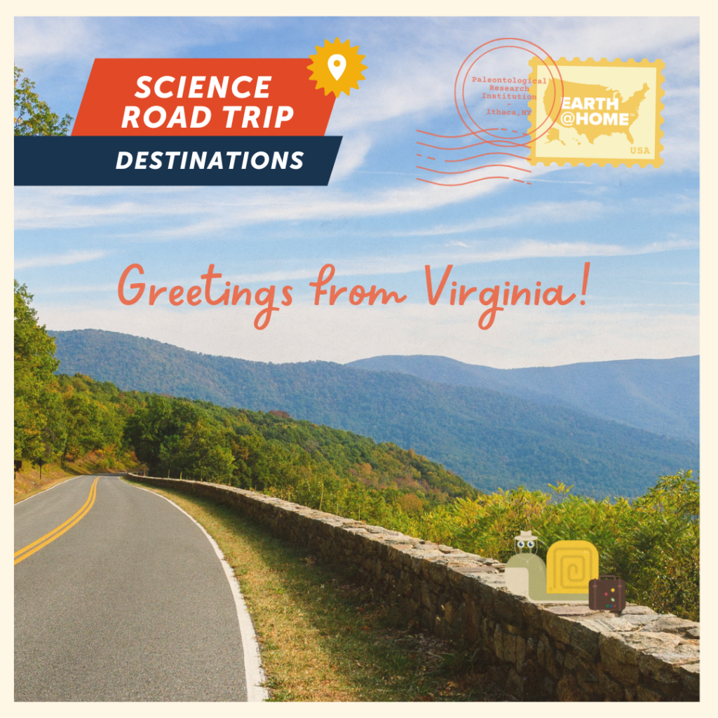 Postcard of Gilbert in Virginia with Earth@Home stamp. Text: Science Road Trip Destinations. Greetings from Virginia!