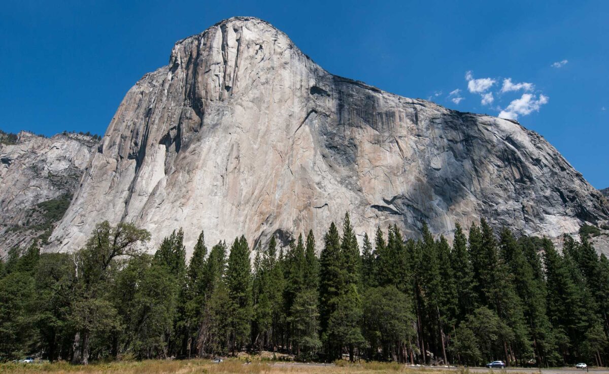Photograph of El Capitan, part of the batholith making up the rock formations in Yosemite National Park, Sierra Nevada mountains, California. The image shows a large whitish rock formation rising behind a conifer forest. 
