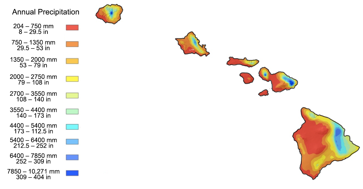 Map shaded to show the average annual precipitation in Hawai'i. Western sides of the islands are generally drier whereas eastern sides are wetter.