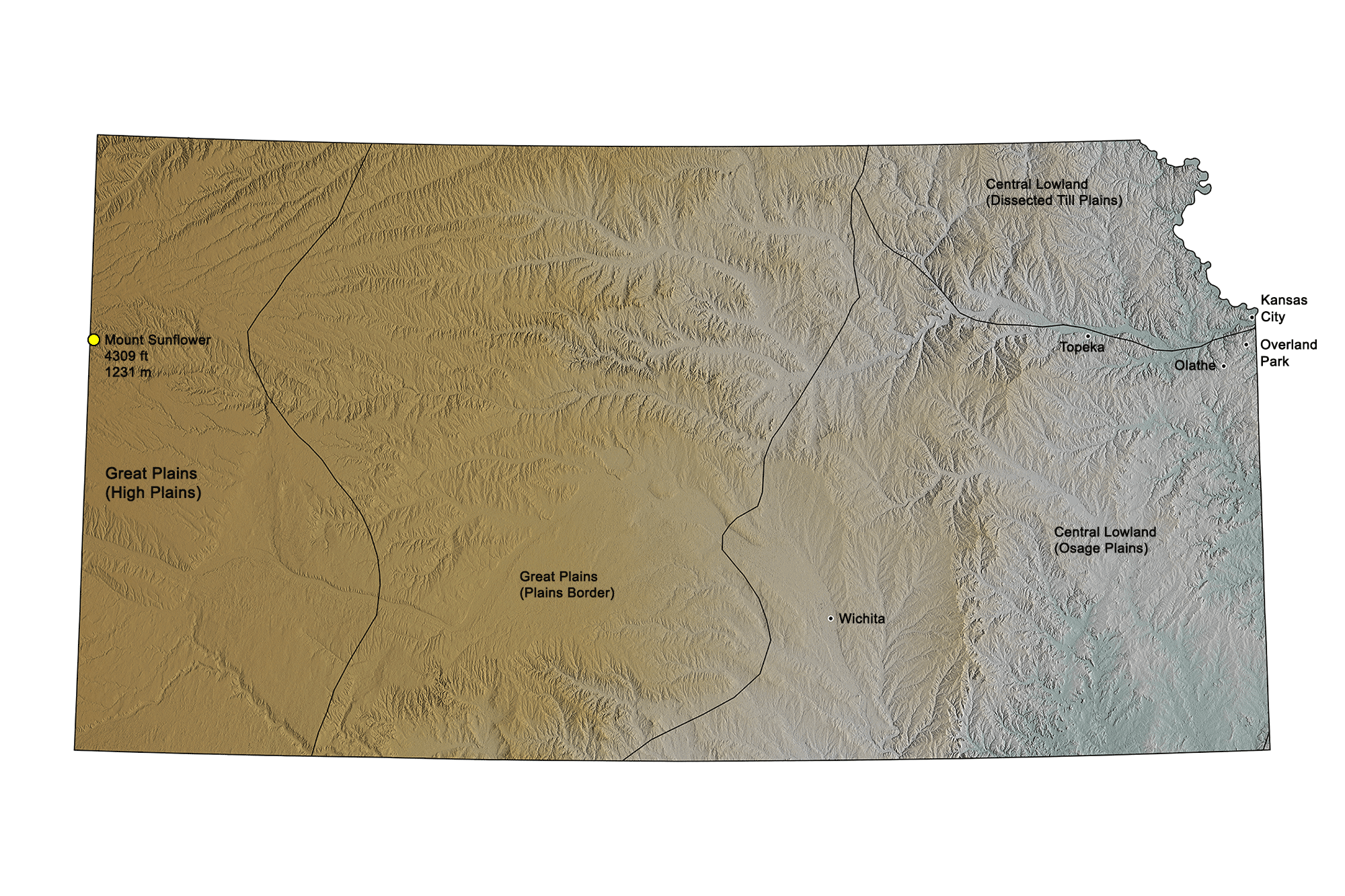 Topographic map of Kansas.