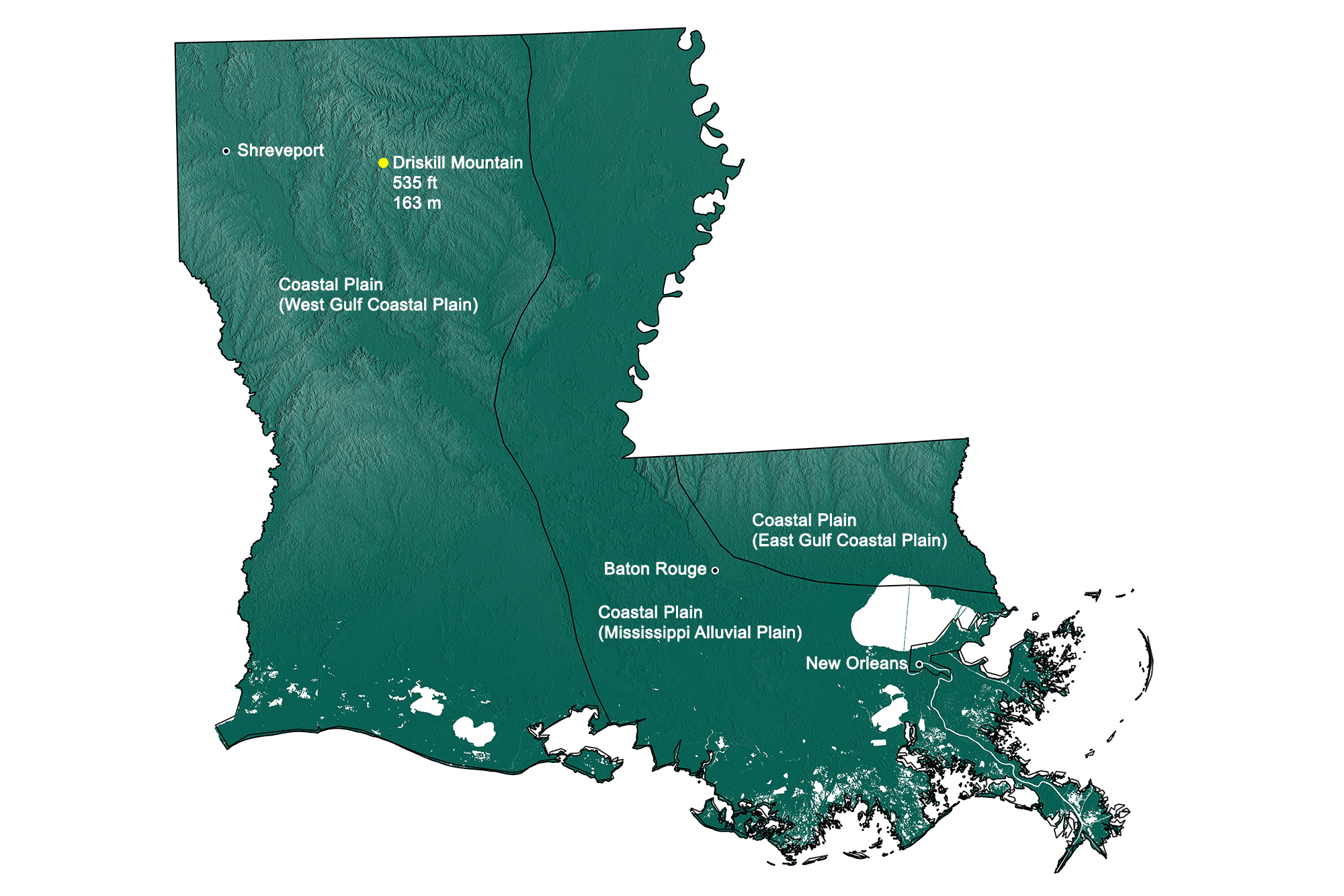 Topographic map of Louisiana.
