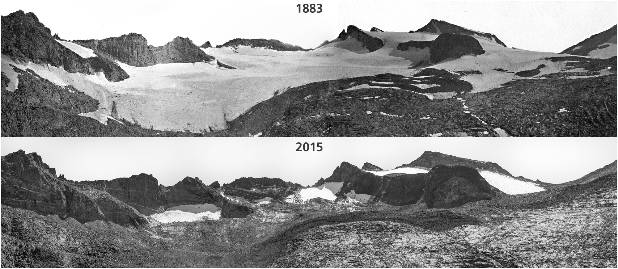 Photos of Lyell Glacier, Yosemite National Park, California, at two points in time: 1883 and 2015. Comparison of the photos shows the retreat of the glacier between 1883 and 2015.
