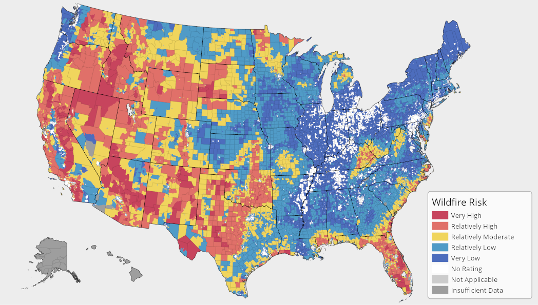 Map of the U.S. colored to show risk of wildfire, from dark blue (very low) to yellow (relatively moderate) to dark red (very high). Much of the eastern United Sates is blue, whereas much of the western U.S. from the Great Plains westward is yellow, orange, or red.