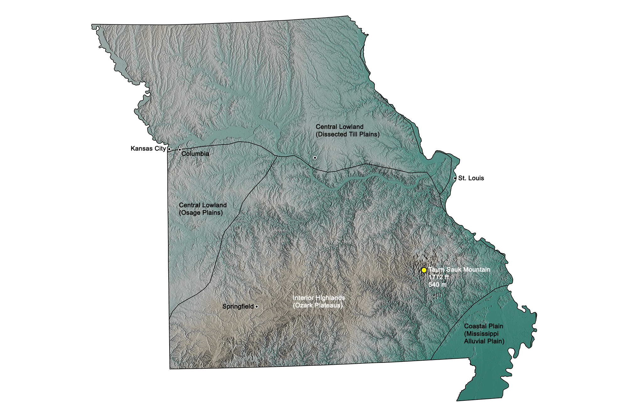 Topographic map of Missouri.