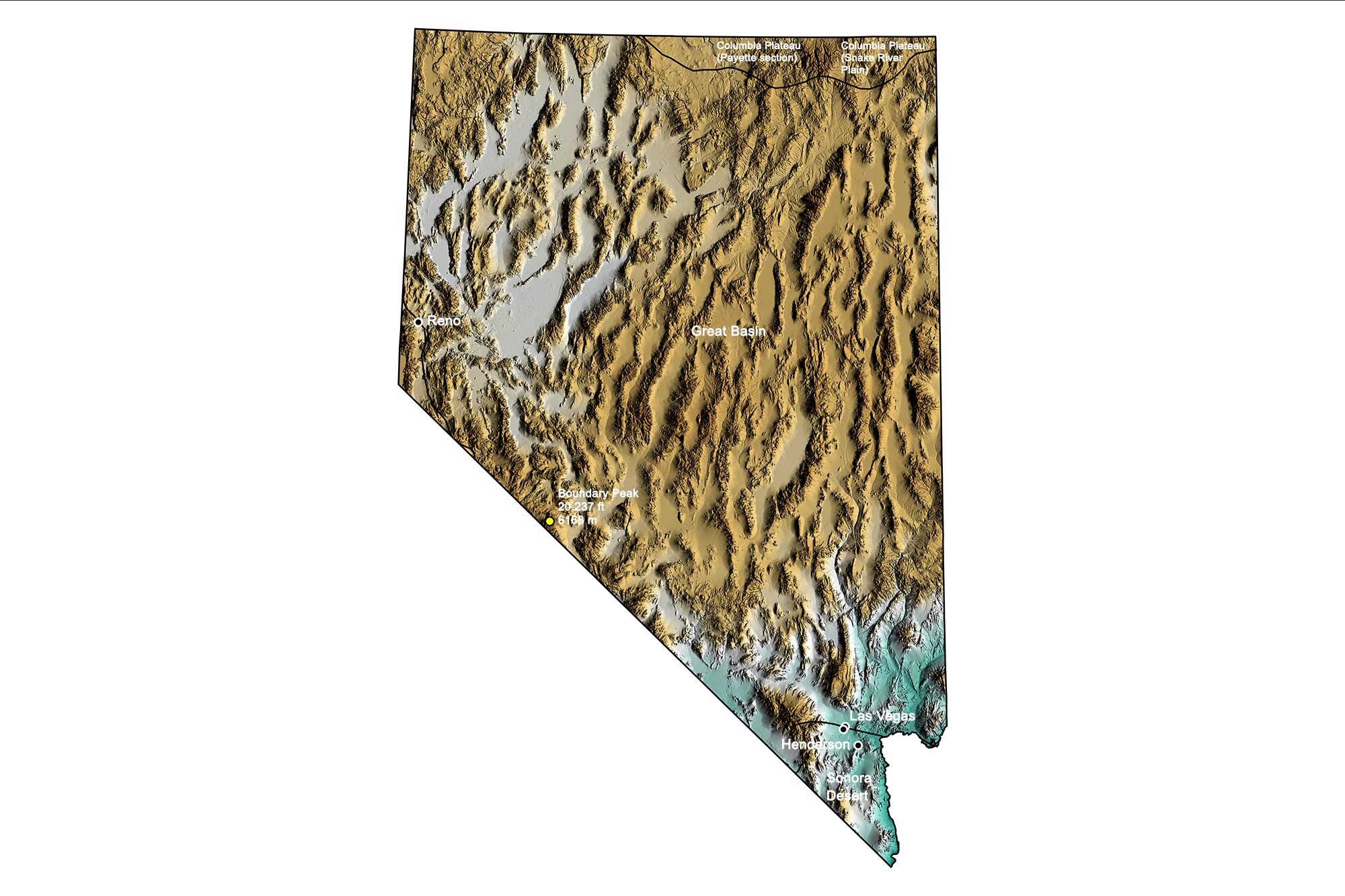 Topographic map of Nevada.