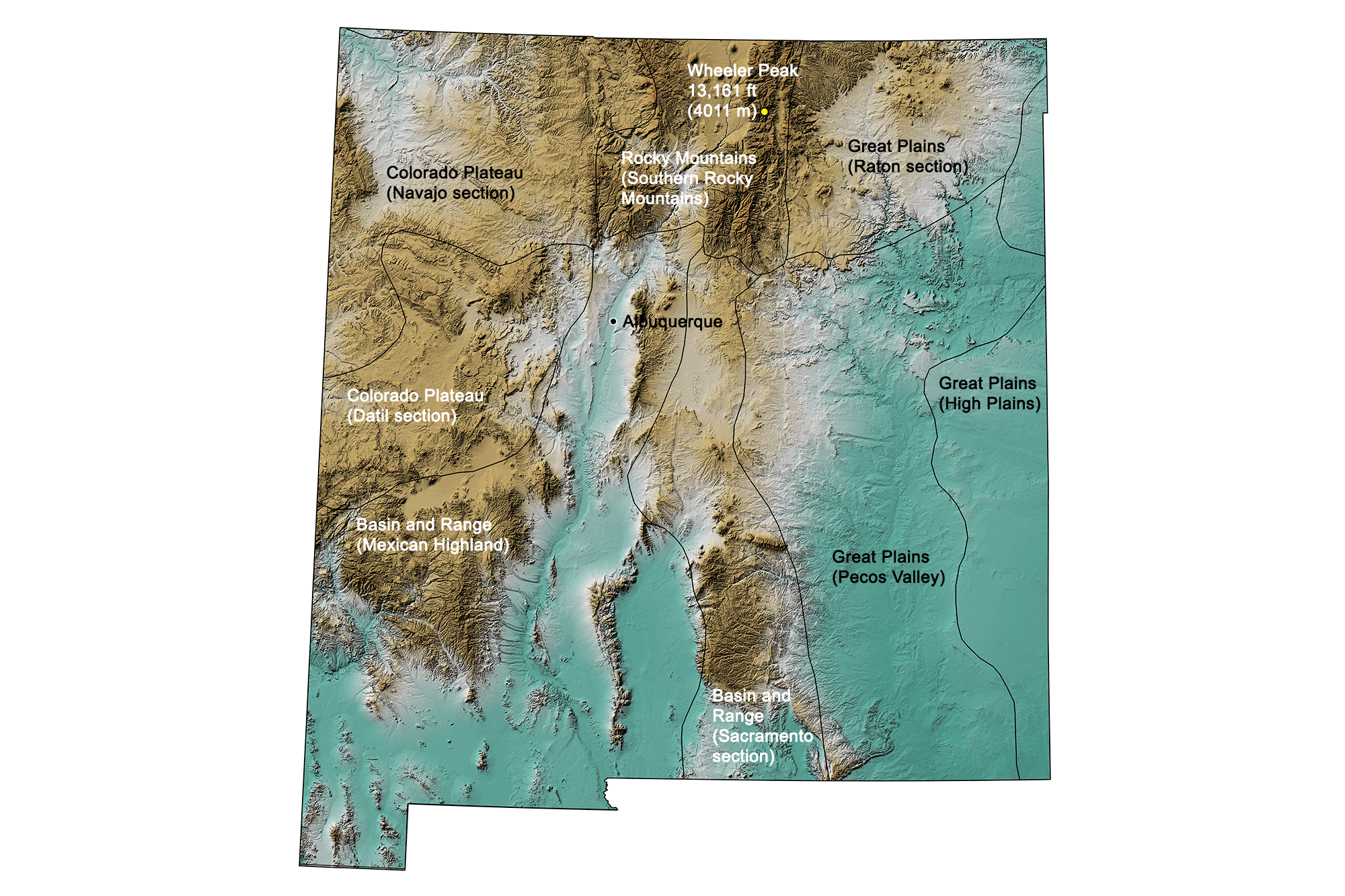 Topographic map of New Mexico.
