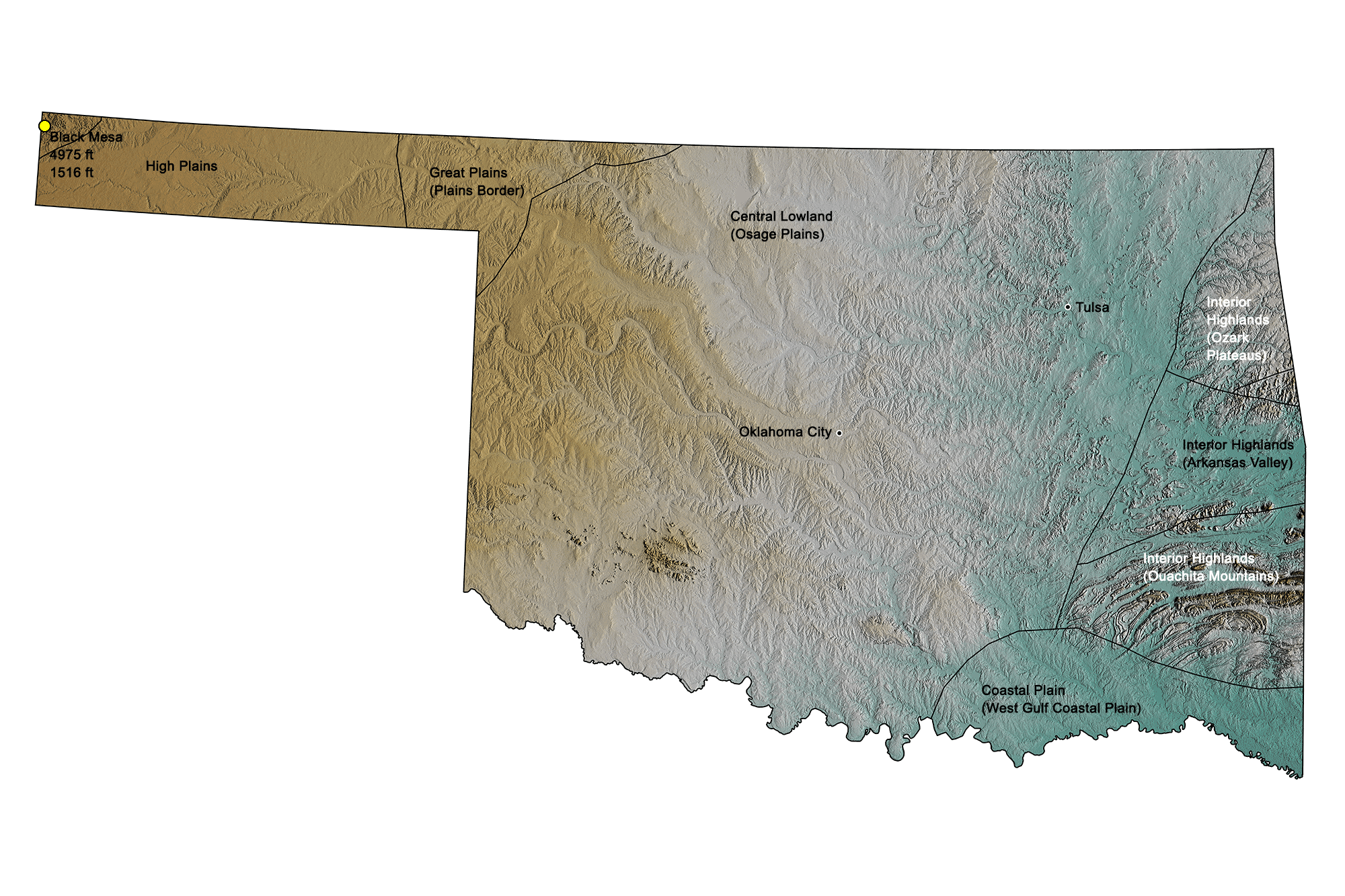Topographic map of Oklahoma.