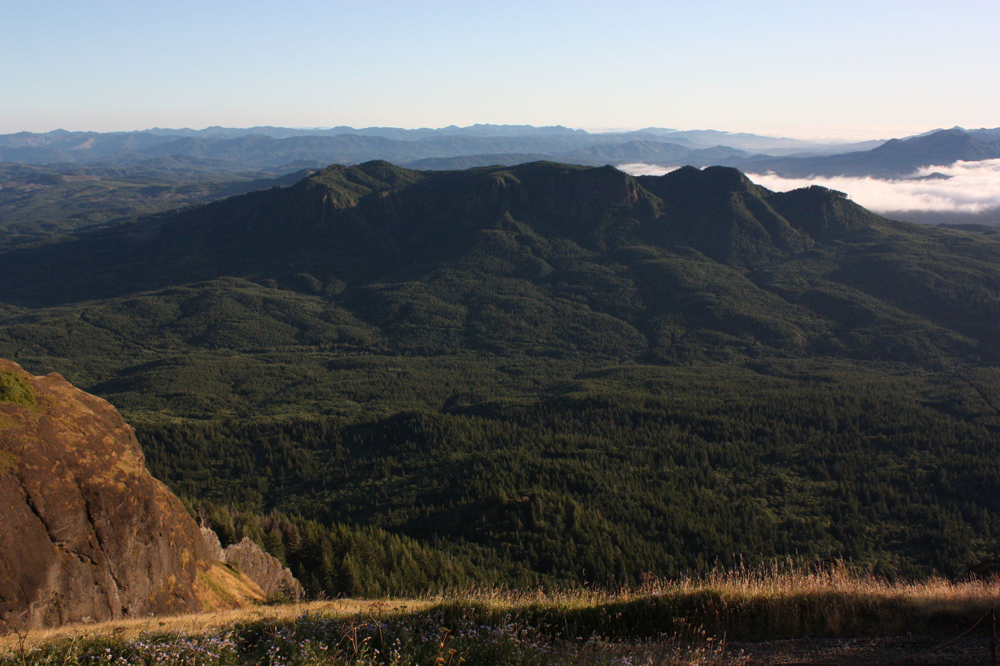 Photo of the north Coast Range in Oregon. The image shows parallel ridges of mountains covered with green vegetation.