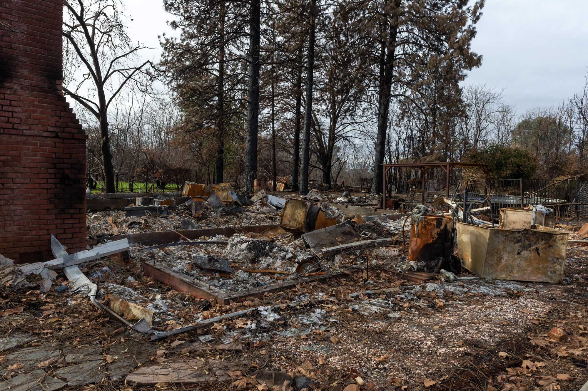 Photograph of the aftermath of the Camp Fire in Paradise, California, December 2018. A row of pine trees stands in the background. In the foreground are the charred remains of the contents of houses. To the left foreground, a portion of a scorched brick chimney from a house is still standing.