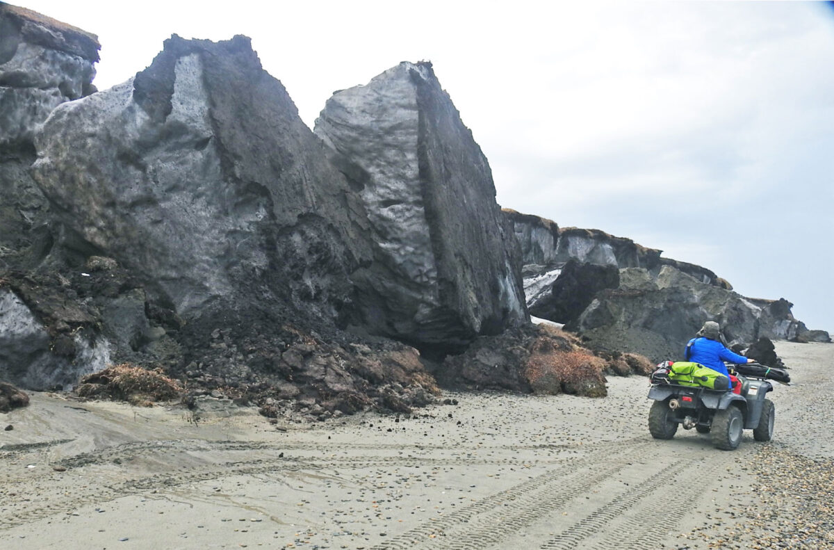 Photograph of permafrost bluffs eroding on the coast of Barter Island in northern Alaska. The photo shows large chunks of permafrost toppled onto a sandy beach. A person on a four-wheeler is driving along the beach. The person is much smaller than the toppled bluffs.