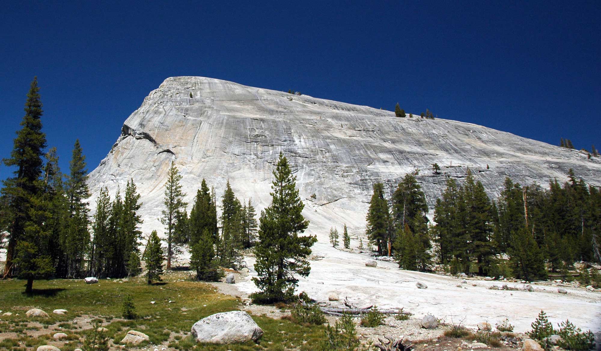 Roche moutonnee, an outcrop of Late Cretaceous granitic rock in Yosemite National Park, California.