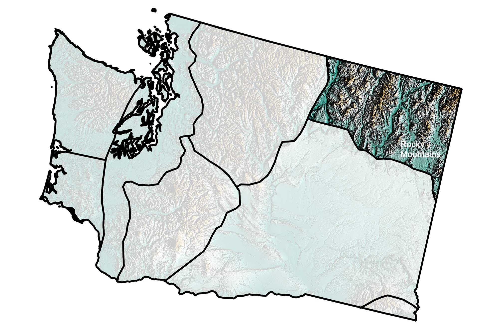 Map showing the topography of the Rocky Mountains region of Washington State.