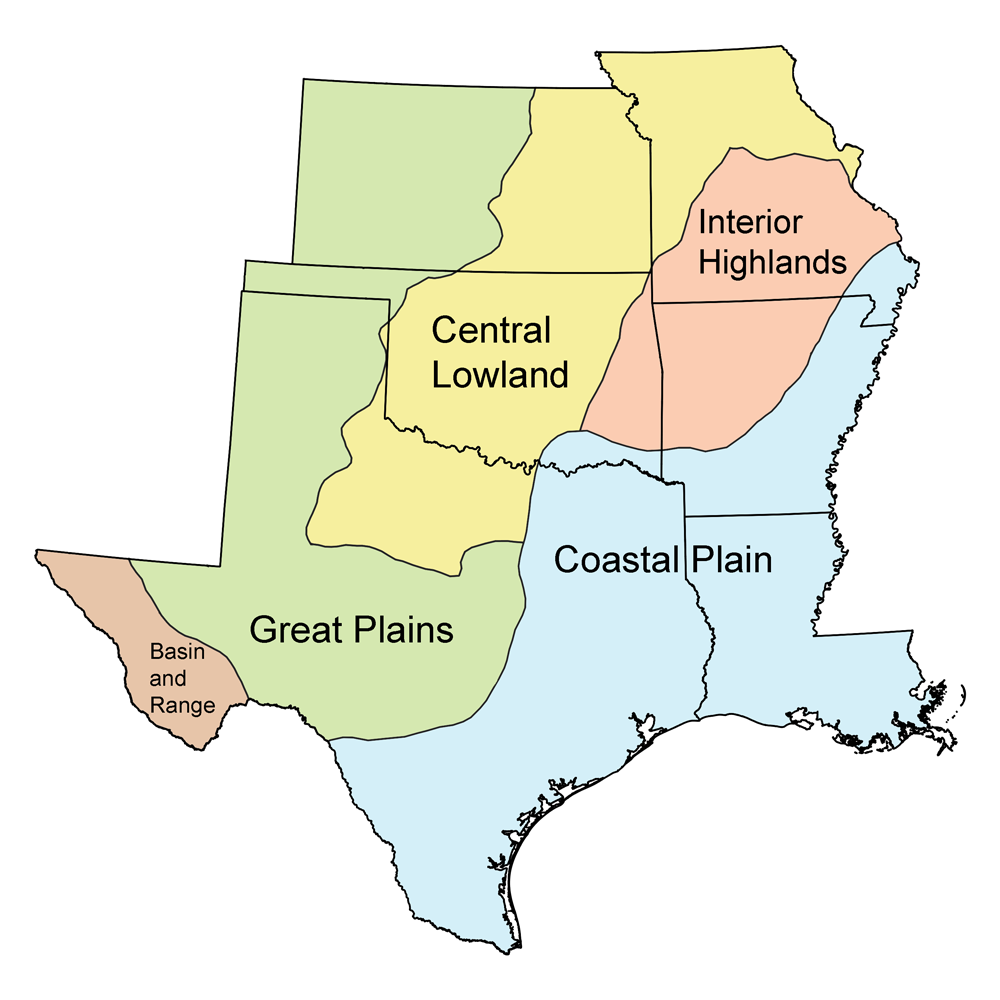Simple map of the south central United States showing the Coastal Plain, Interior Highlands, Central Lowland, Great Plains, and Basin and Range physiographic regions.