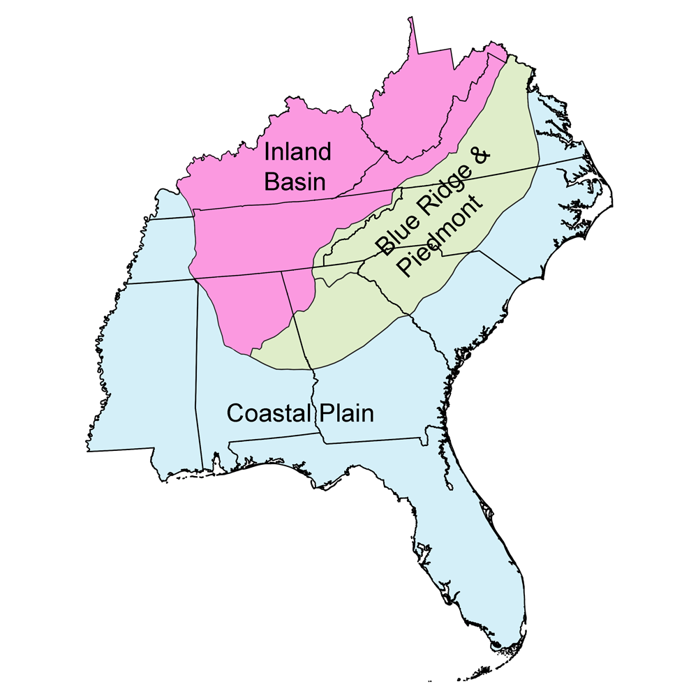 Simple map of the southeastern United States showing the boundaries of the Inland Basin, Coastal Plain, and Blue Ridge and Piedmont regions.