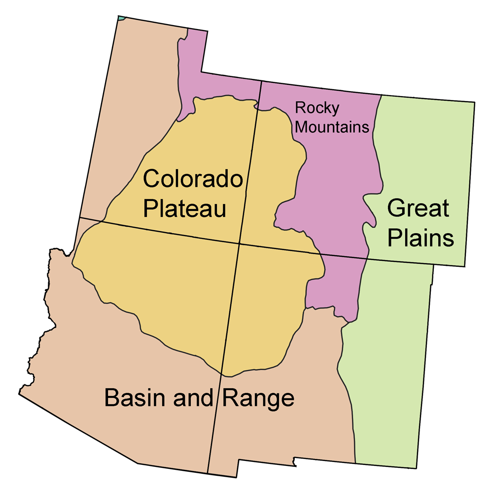 Simple map of the southwest United States showing the Great Plains, Rock Mountains, Colorado Plateau, and Basin and Range physiographic regions.