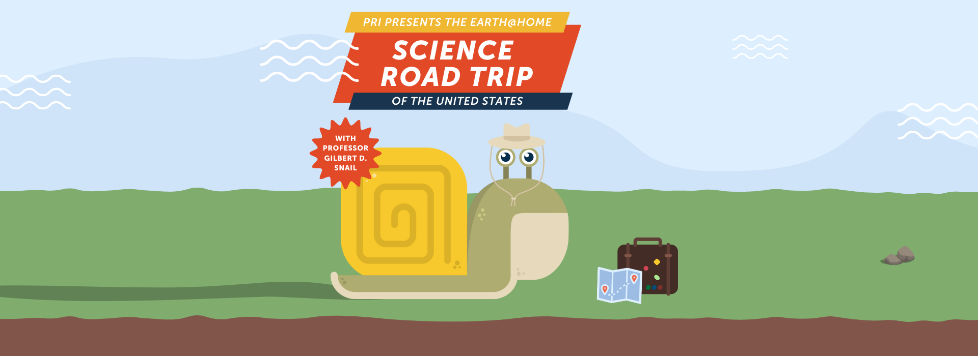 Image showing a cartoon snail and a banner that announces the Earth@Home Science Roadtrip