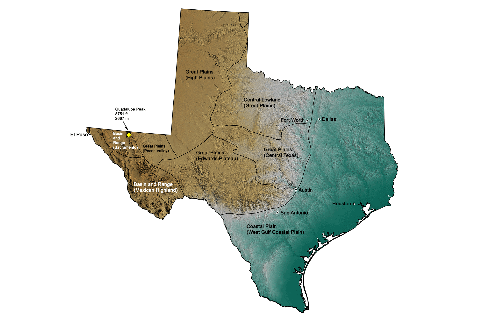Topographic map of Texas.