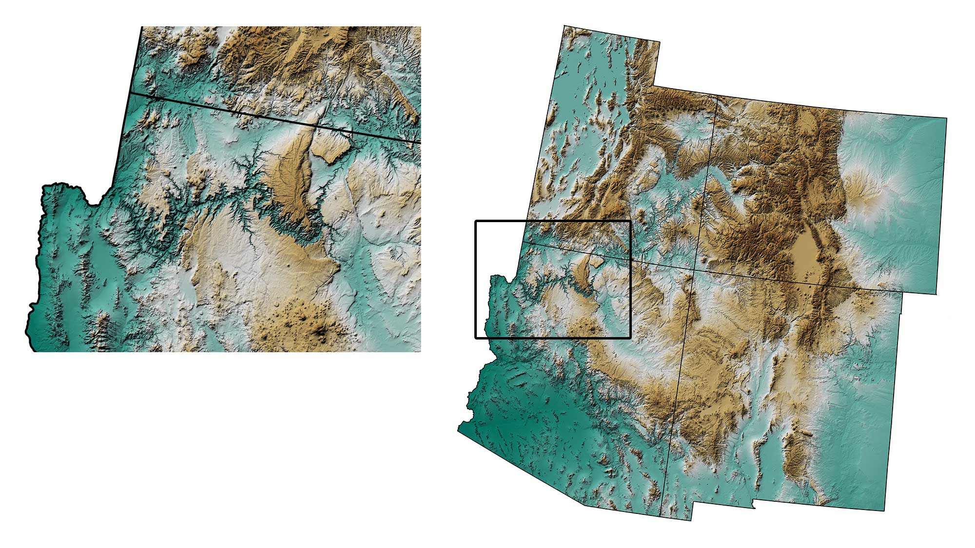 Image showing the topography of the southwestern United States with a zoomed-in inset of the Grand Canyon.